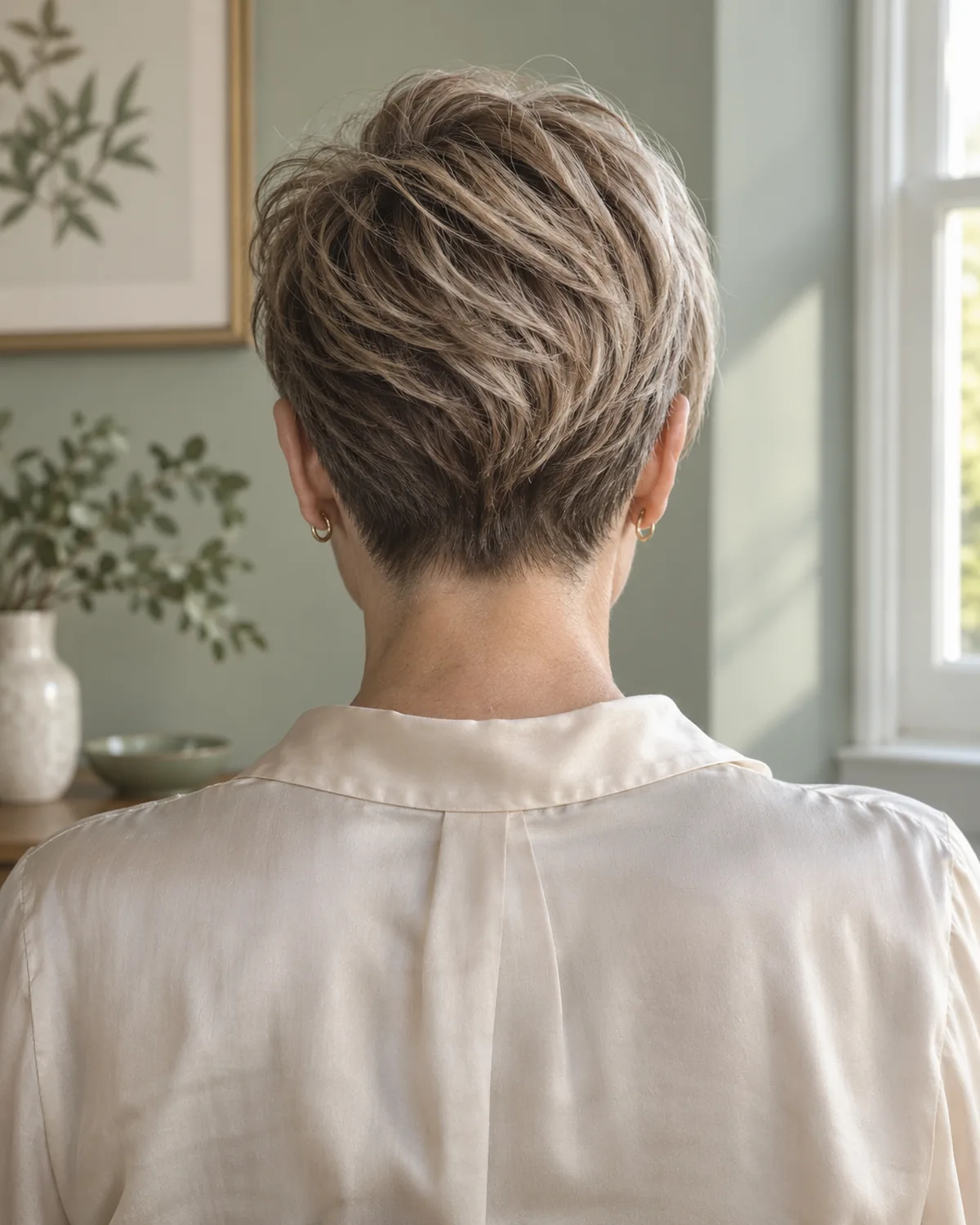 Back view of mature woman with tapered nape pixie, tight back tapering up to longer layered top falling forward over the crown
