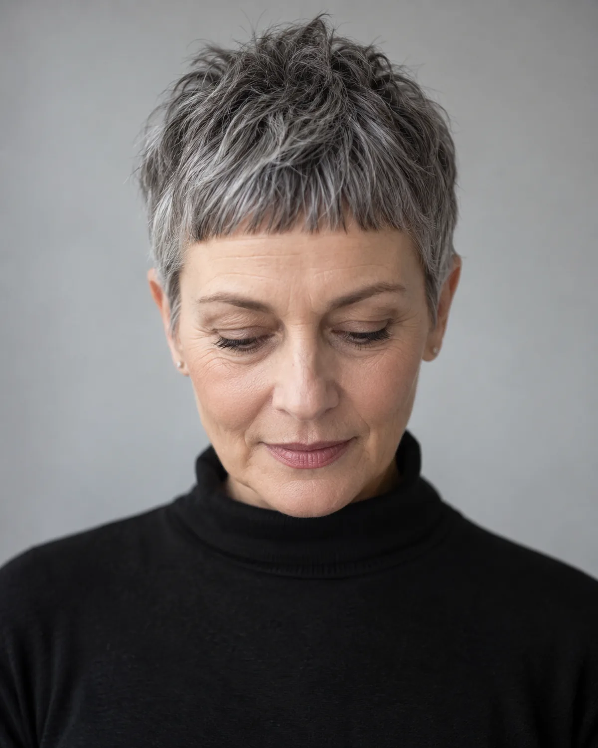 Front-facing mature woman looking down with very short textured grey crop and micro bangs above mid-forehead, soft-focus features