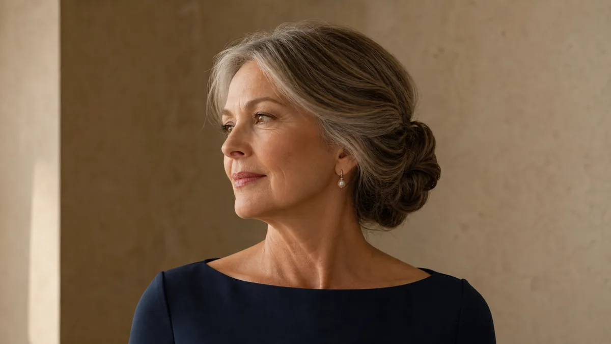 A woman in her late 50s with silver-threaded chestnut hair in a low chignon, turned three-quarters to camera left, the twist at the nape catching warm light, against a muted taupe wall