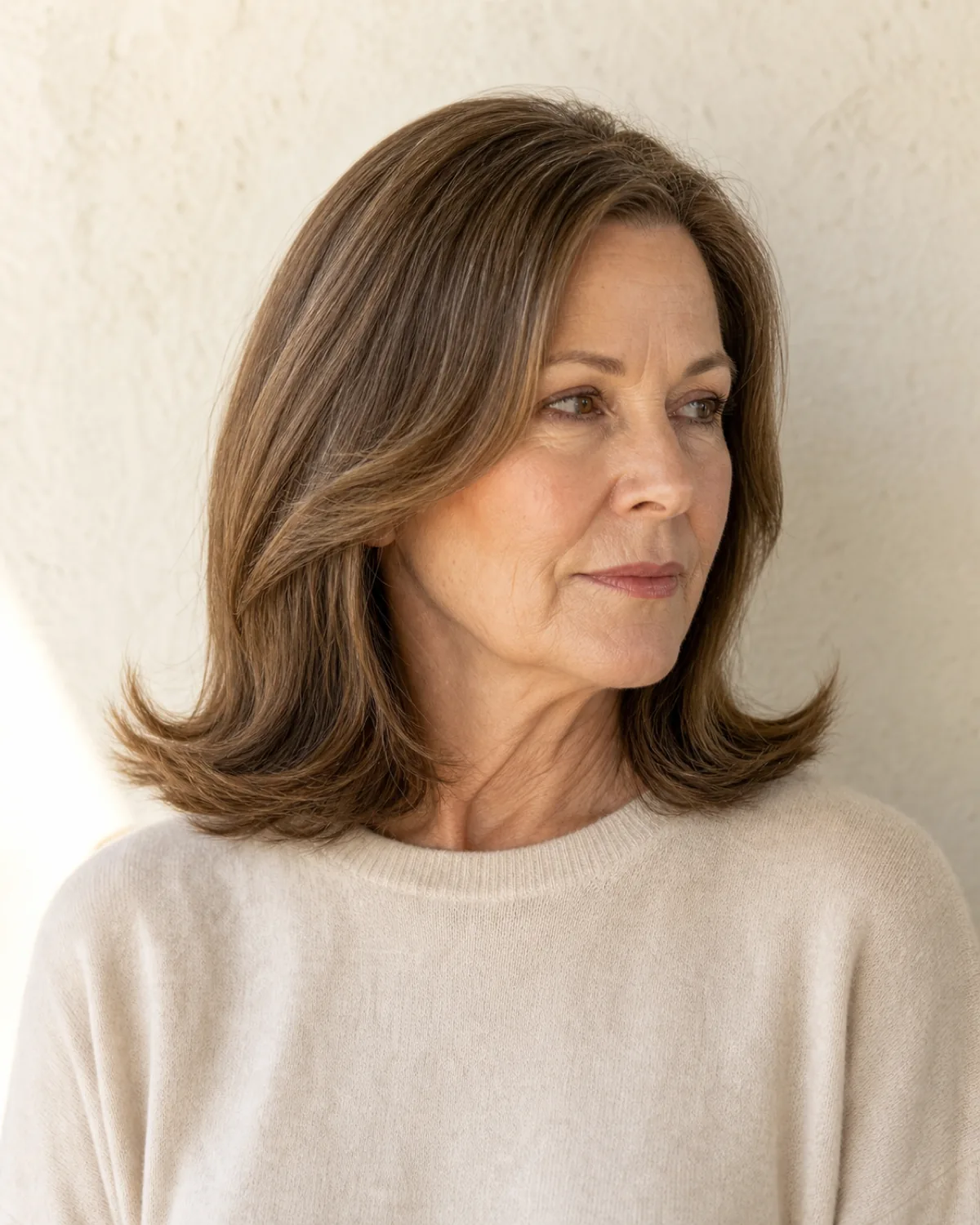 A woman in her late 50s turned three-quarters to camera right with warm brown shoulder-length hair, the ends kicked outward uniformly on both sides, creating a deliberate retro-formal flip, soft warm light from above