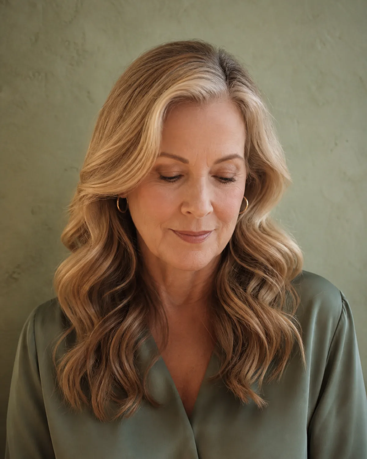 A woman in her late 50s facing the camera with eyes cast slightly downward, warm blonde hair falling in a soft S-wave pattern from a side part, the wave resolving from root to end, against a warm neutral background