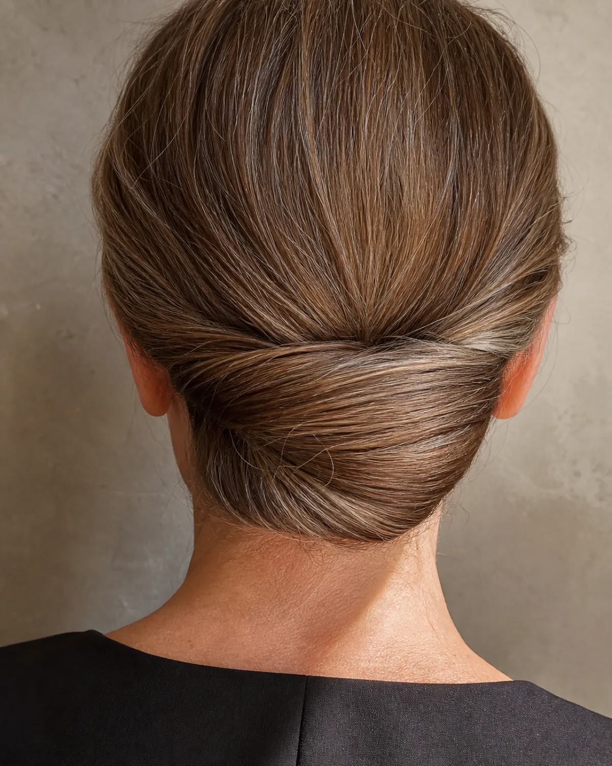 Close crop of the nape of a woman with warm chestnut hair gathered into a low chignon, individual strands winding through the twist, shot from directly behind at nape level