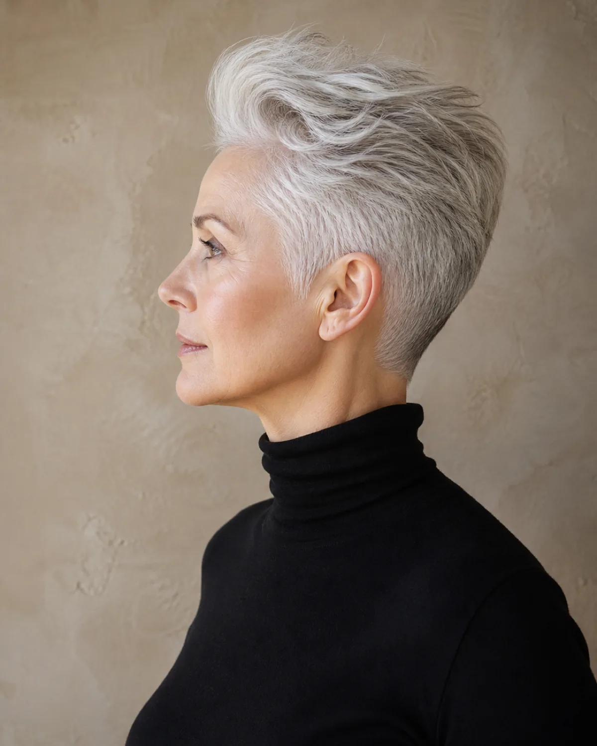 Full profile from the left of a woman in her early 60s with a silver pixie cut swept upward at the crown, the height creating a dramatic change in the head silhouette, against a warm neutral wall