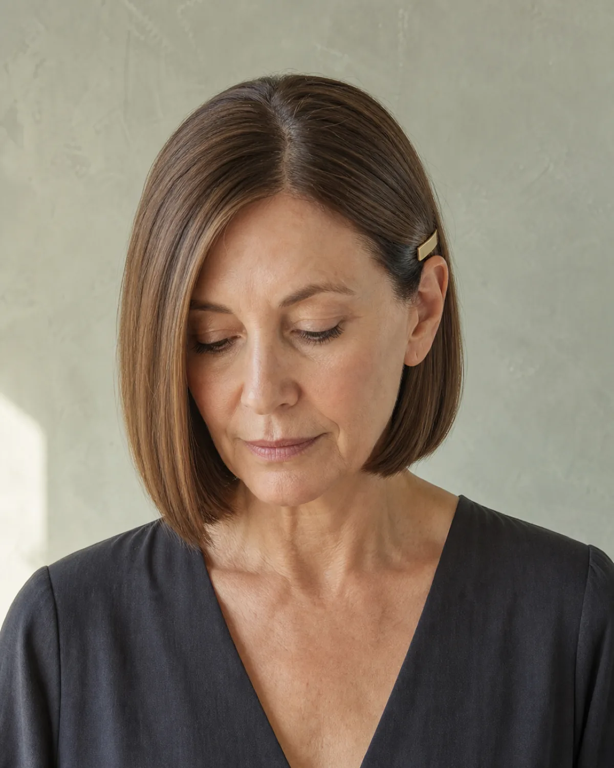 A woman in her late 50s facing the camera with eyes turned slightly to camera right, warm brown one-length bob smoothed to the jaw, a gold barrette holding hair flat on one side at ear level, soft directional light