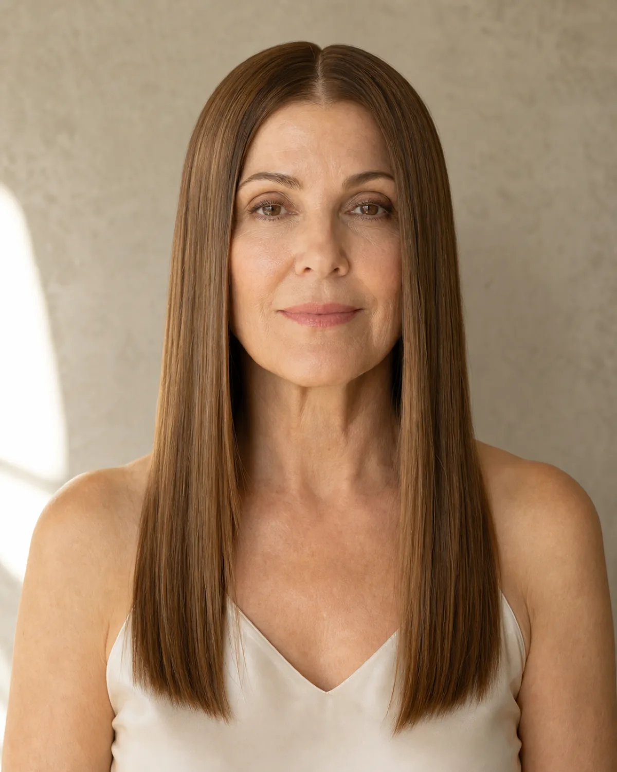 A woman in her early 60s facing the camera with dark brown hair hanging in a perfectly straight centre-parted curtain, the surface glass-smooth from crown to ends, against a cool neutral wall