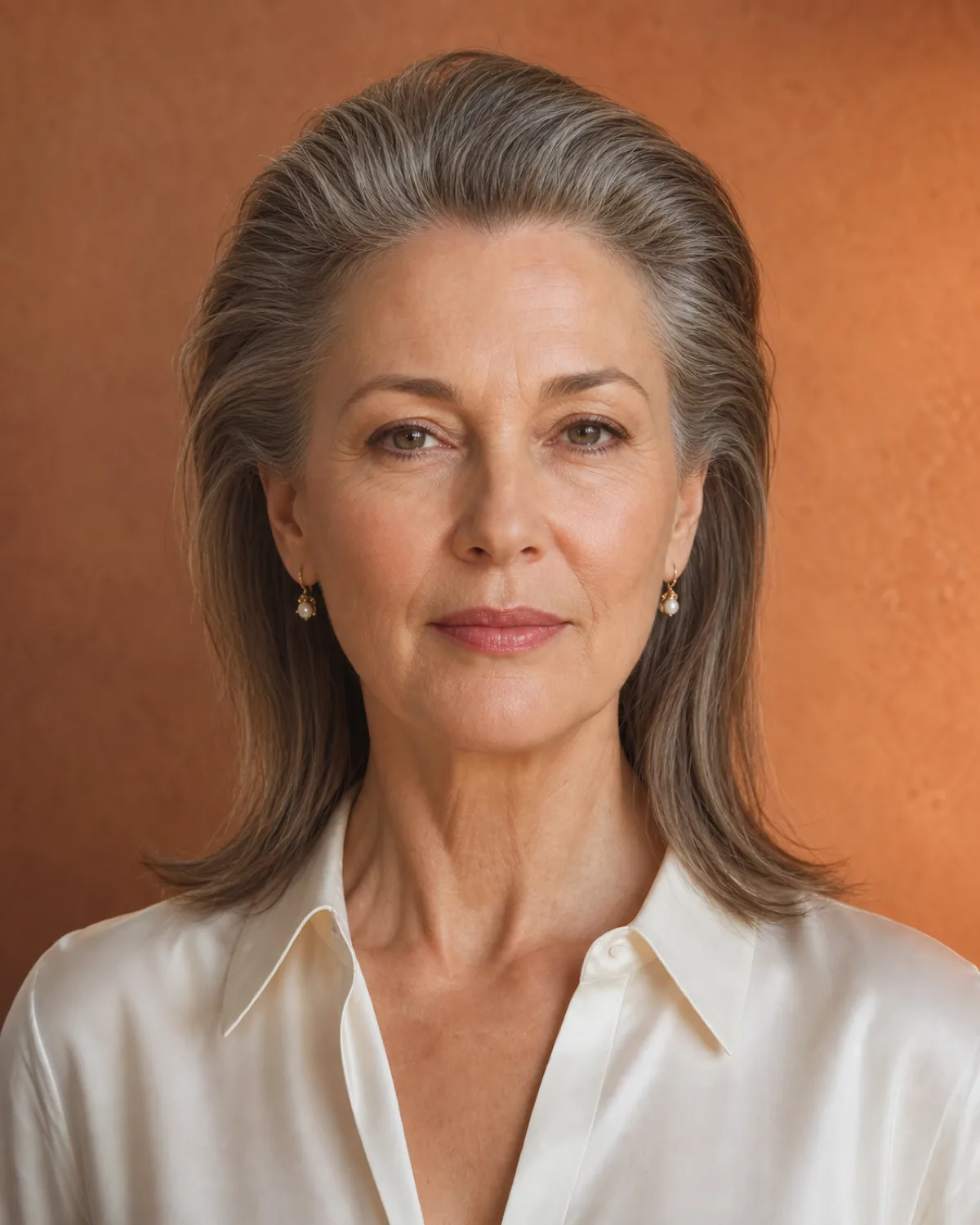 A woman in her early 60s facing the camera with salt-and-pepper hair brushed straight back from the forehead with no part, visible root lift at the crown, the hair resolving behind the ears, against a warm grey wall