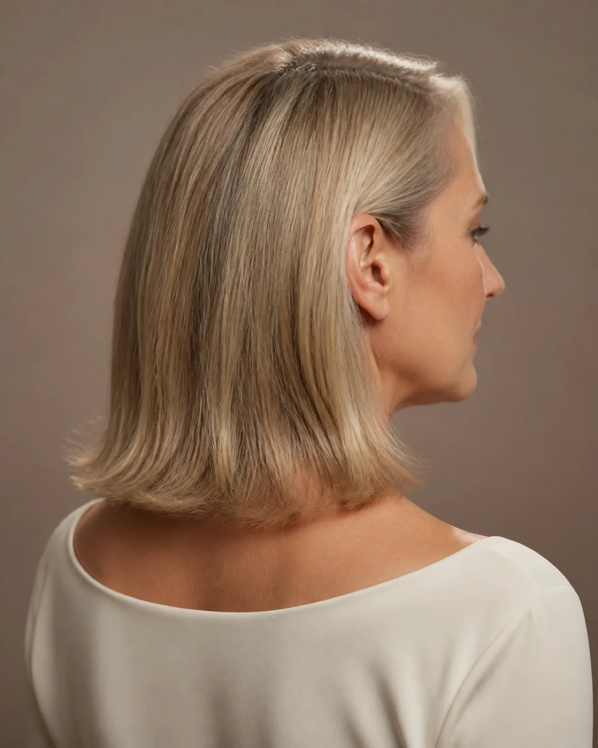 Back-three-quarter view of a woman with fine ash-blonde hair at collar length, the hair resting against the neck and collarbone, pushed slightly outward by the collarbone structure