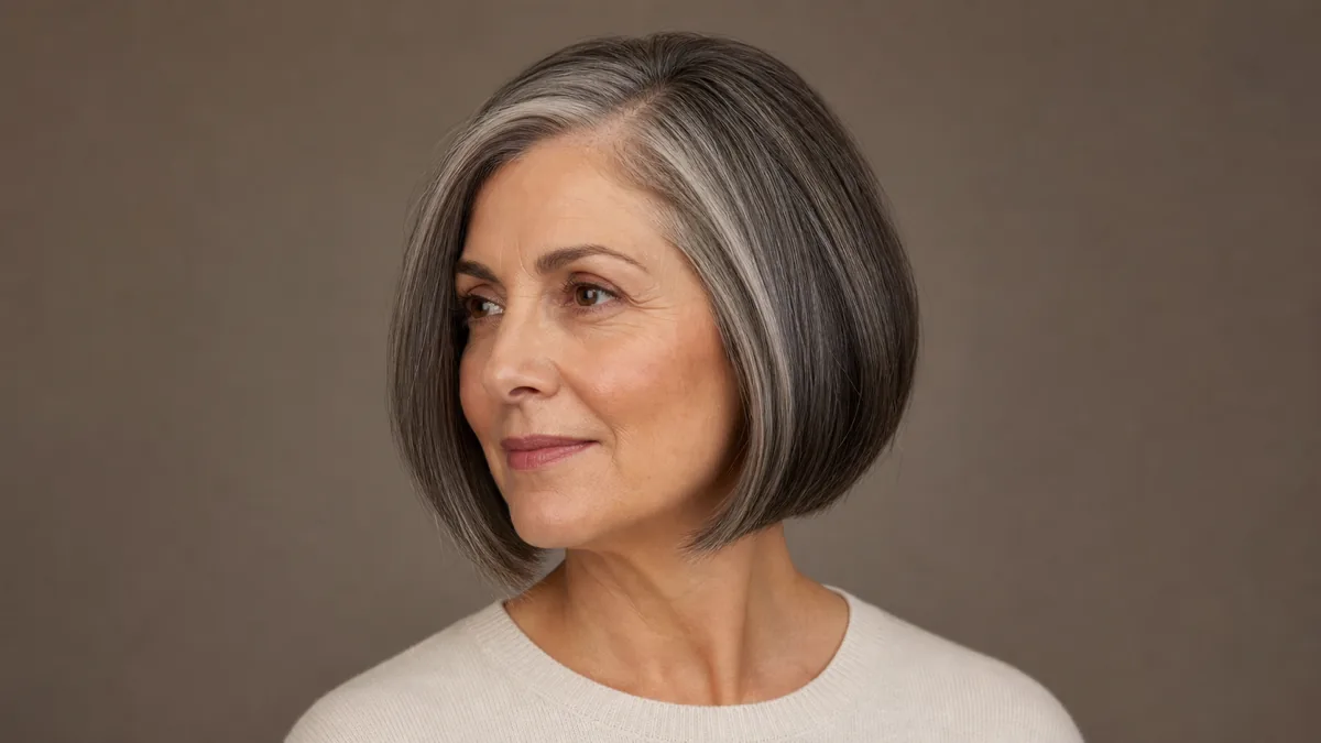 A woman in her early 60s with silver-streaked dark hair in a chin-length bob turned three-quarters to the left, the weight line at ear level and front pieces angling to the chin