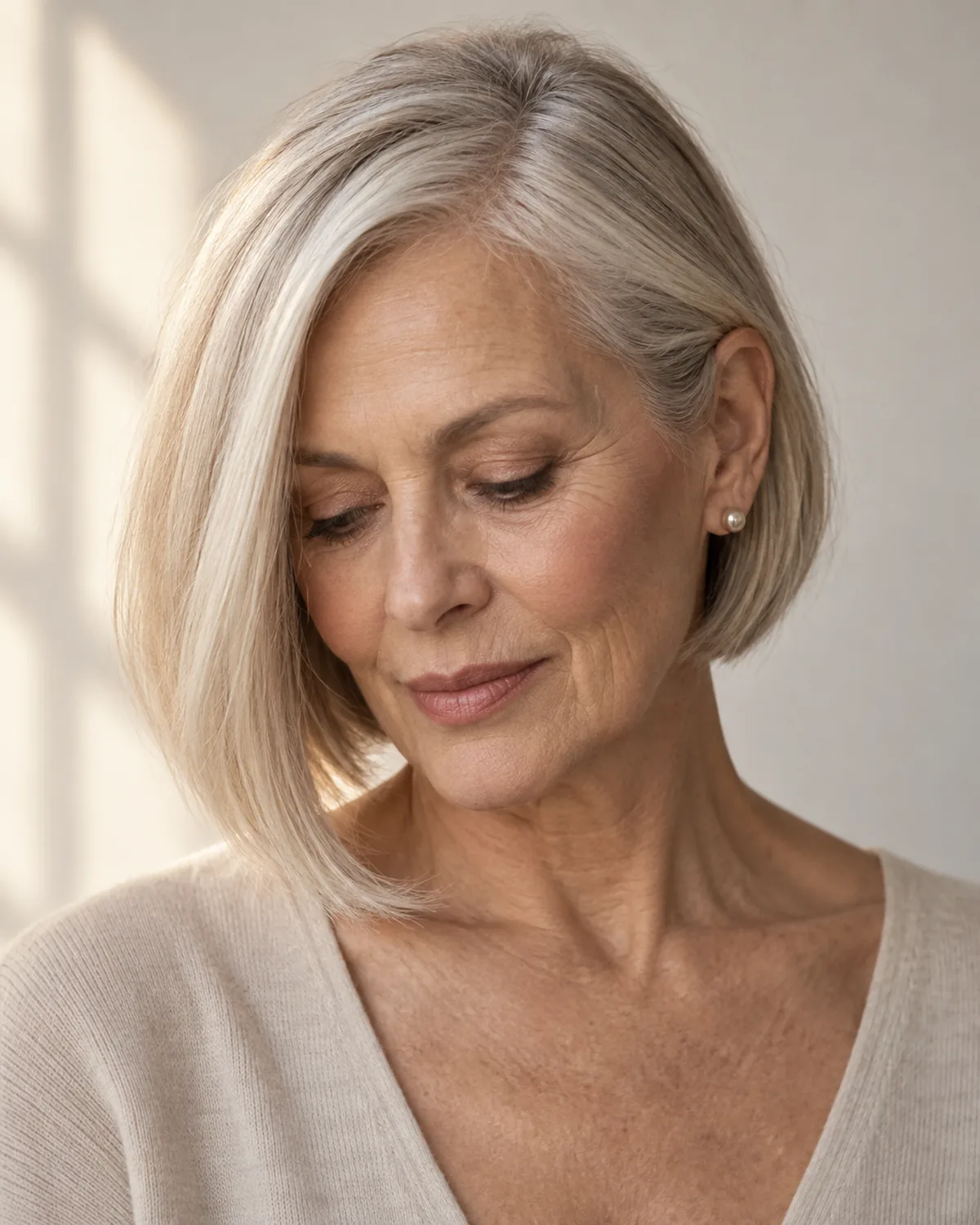 Front-facing portrait of mature woman with fine straight silver hair in a sleek asymmetric bob, one side jaw-length and the other tucked behind the ear, eyes downcast