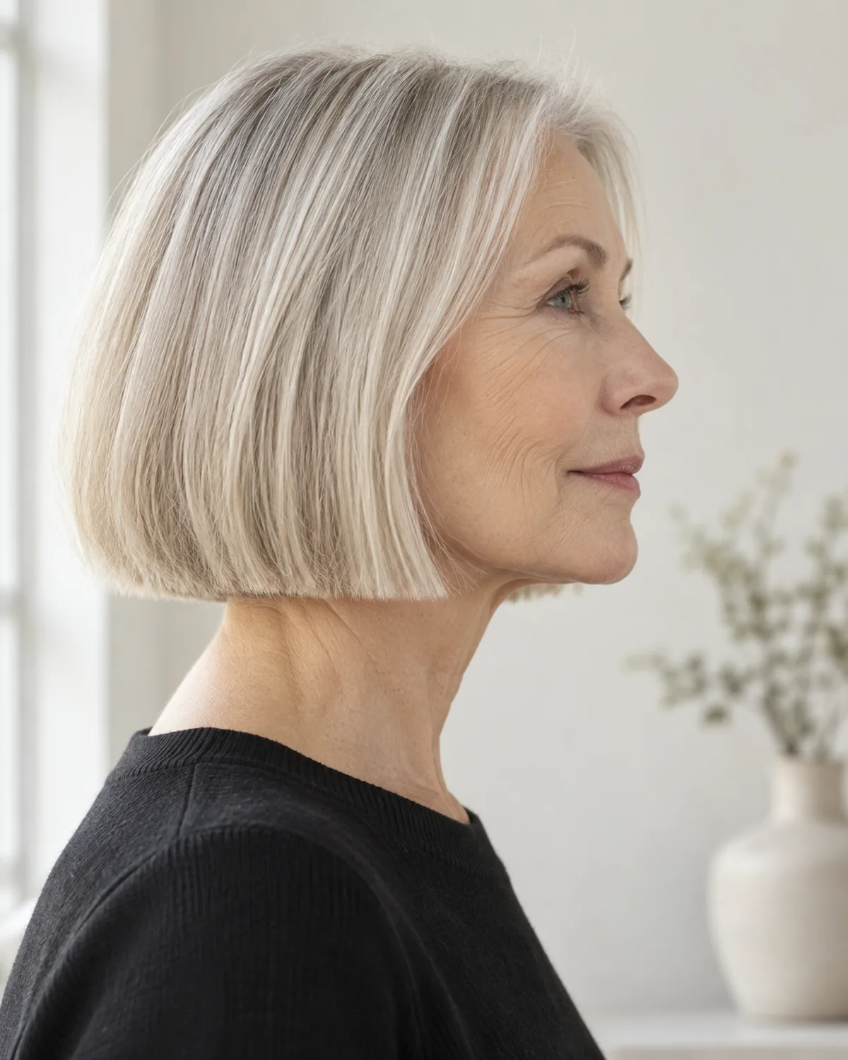 Side profile of mature woman with fine straight silver-blond chin-length blunt bob, interior layers creating subtle mid-shaft lift