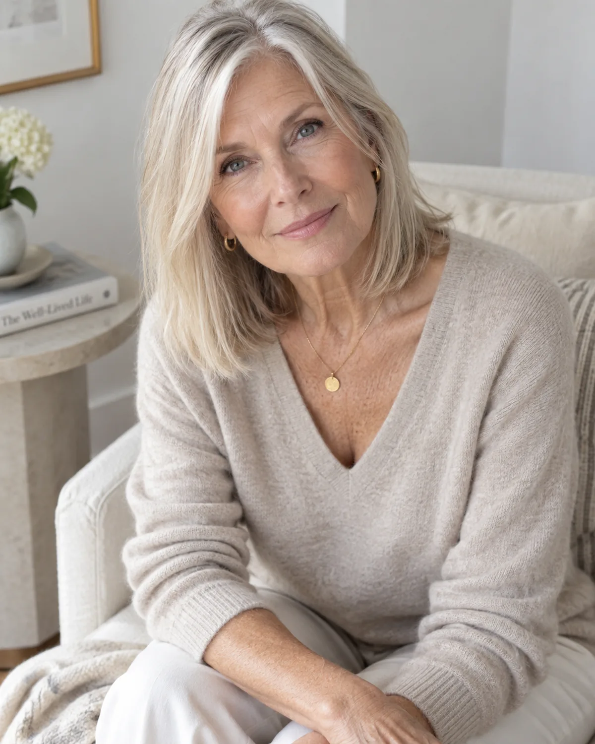 Seated mature woman with fine straight silver hair in a collarbone-length lob, face-framing pieces shorter than main length, hair falling forward over shoulder