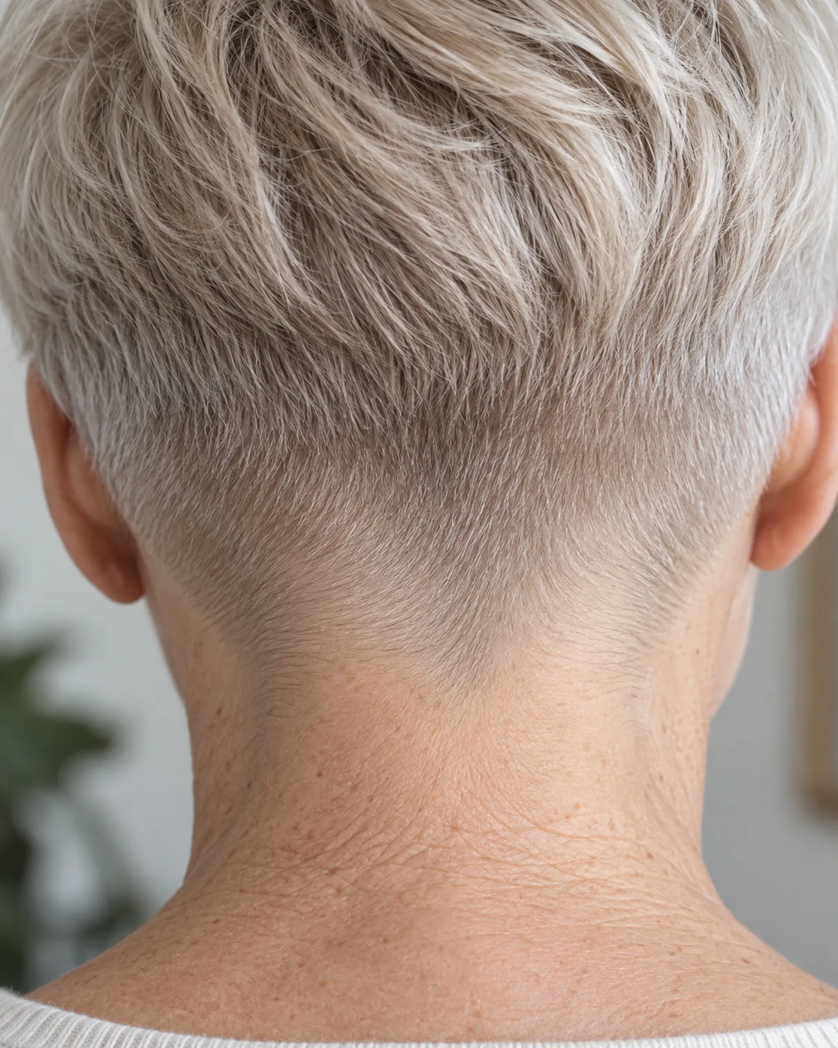 Close-up of the nape and hairline of a mature woman with fine straight silver hair in a cropped taper, tapered sides blending to a soft one-inch top