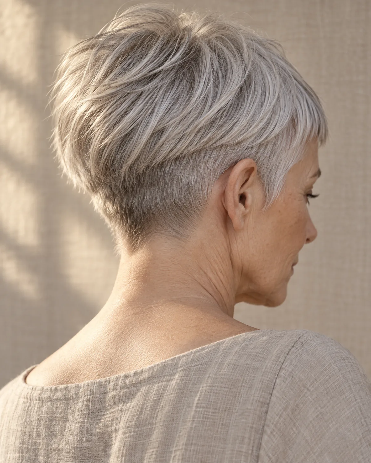 Back-three-quarter view of mature woman with fine straight silver hair in a disconnected pixie, visible ridge between longer crown and shorter sides