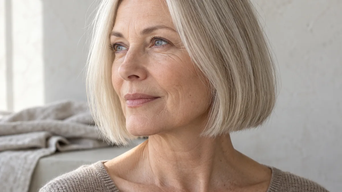 Mature woman with fine straight silver-blond chin-length bob, three-quarter profile against pale plaster wall in soft window light