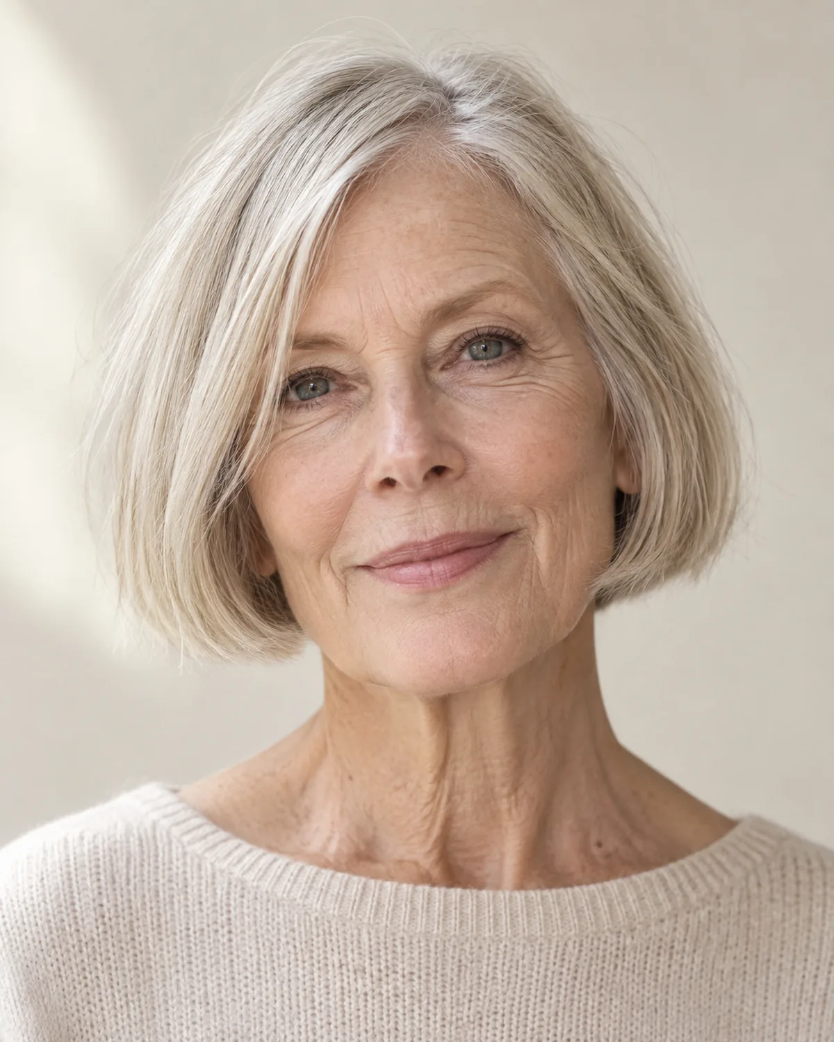 Front-facing portrait of mature woman with fine straight silver hair in an ear-length French bob, single-length cut curving under the jaw