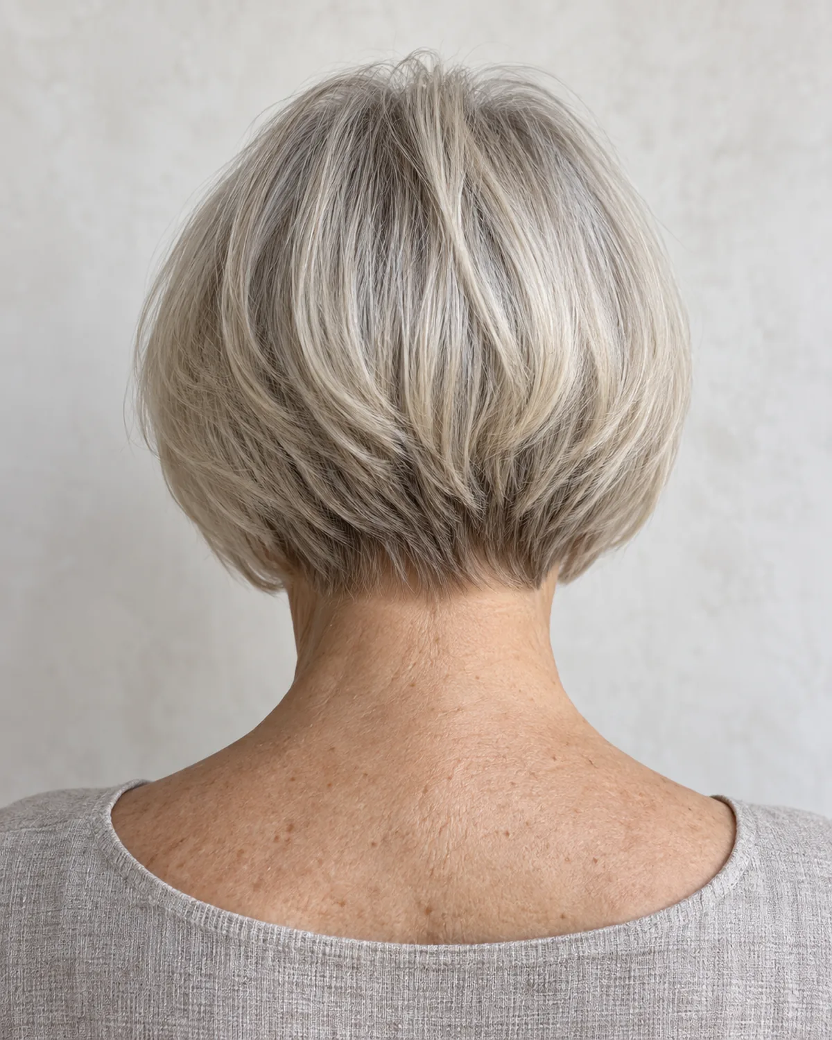 Back view of mature woman with fine straight silver hair in a graduated bob, stacked layers at nape pushing volume upward