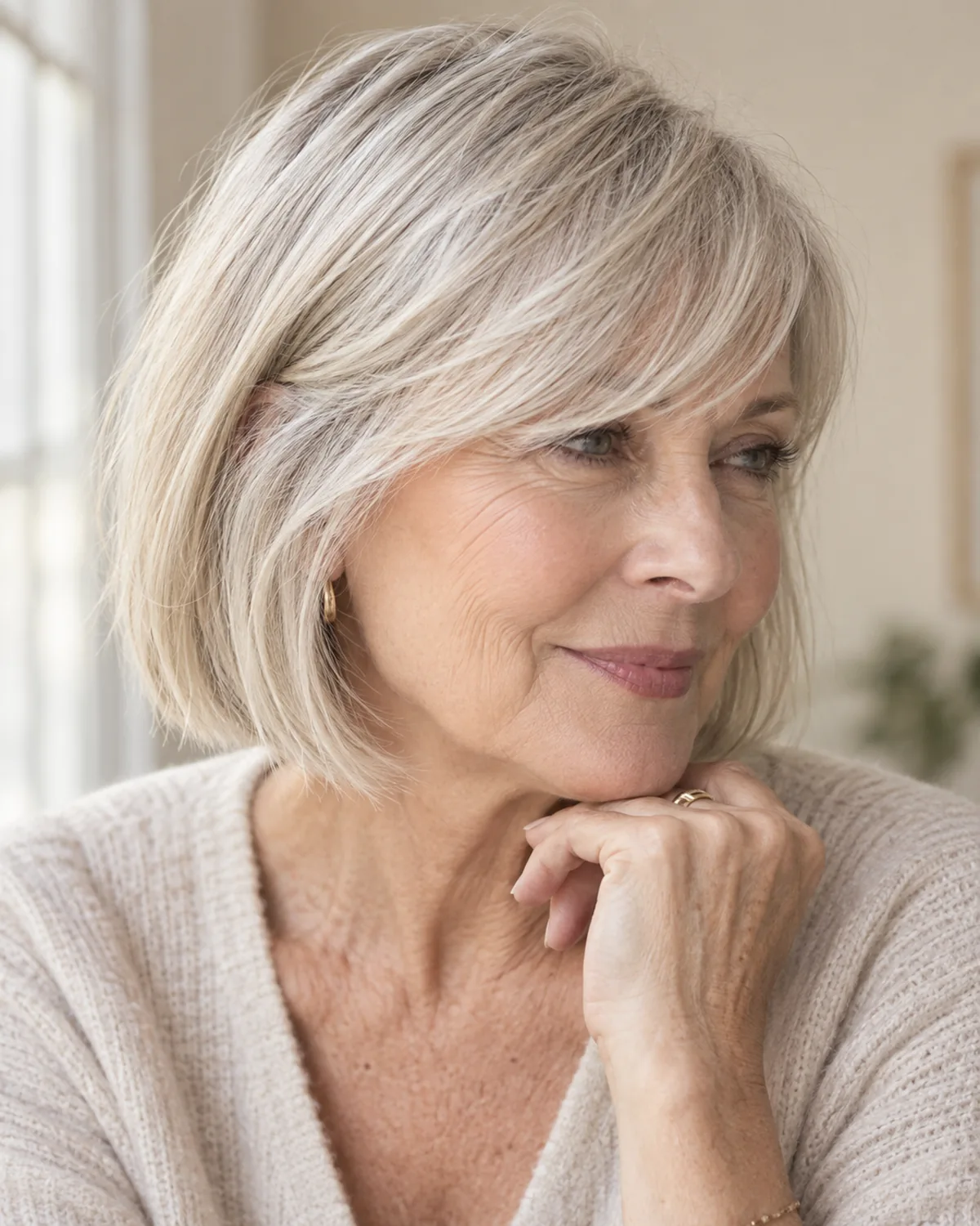 Three-quarter view of mature woman with fine straight silver hair in a textured bob with side-swept fringe covering the forehead