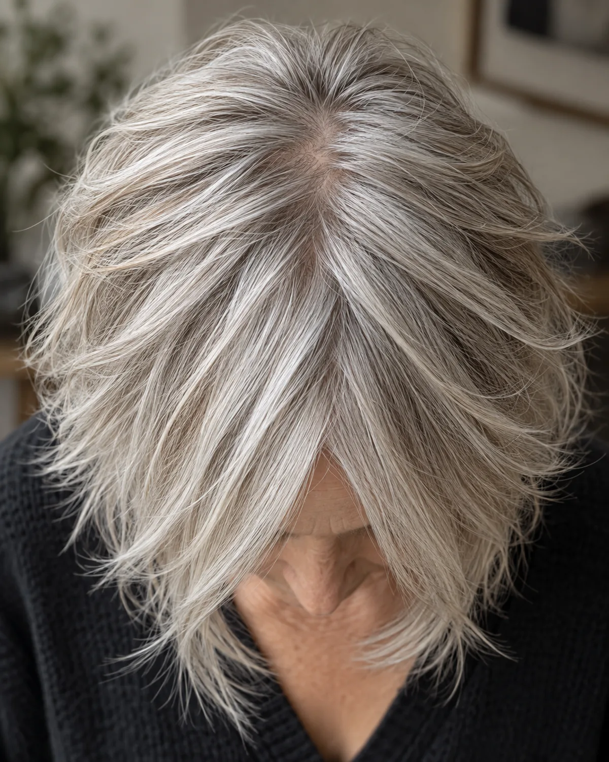 Mature woman with head tilted forward, fine straight silver hair in a wispy shag, crown layers creating visible root lift and wispy face-framing pieces