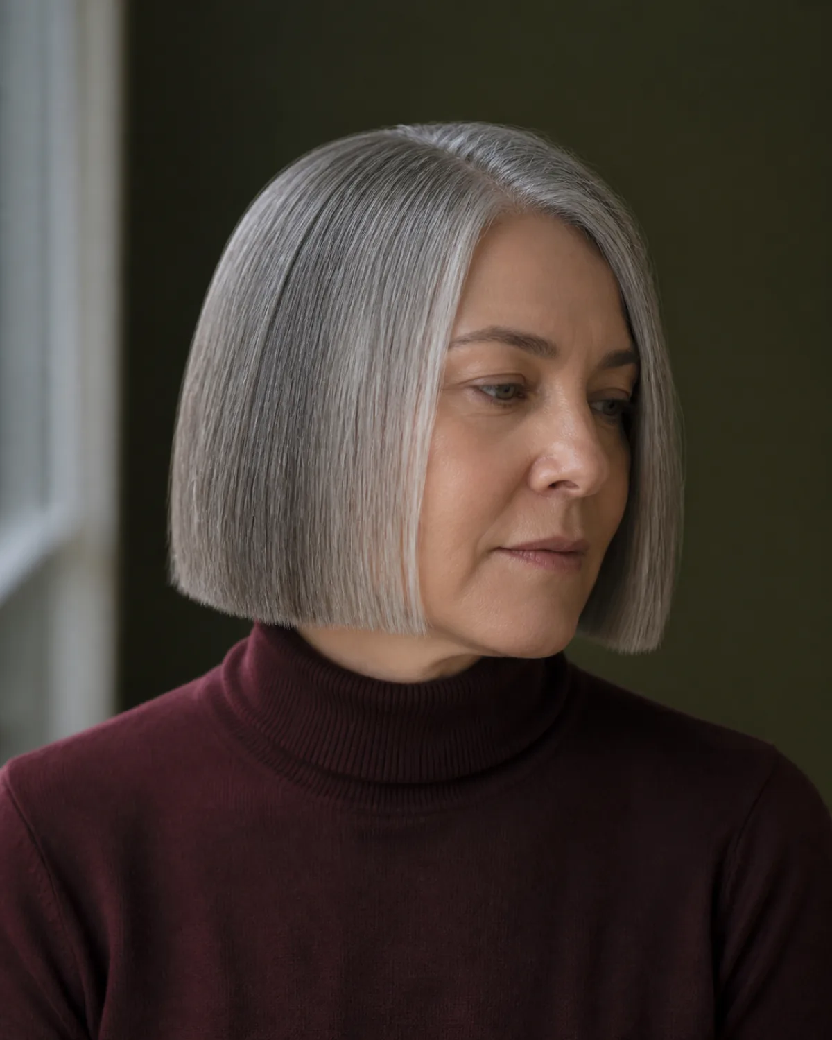 Woman over 50 with heavy blunt gray bob at jaw-length falling in a single flat plane without internal layering, burgundy turtleneck, three-quarter view