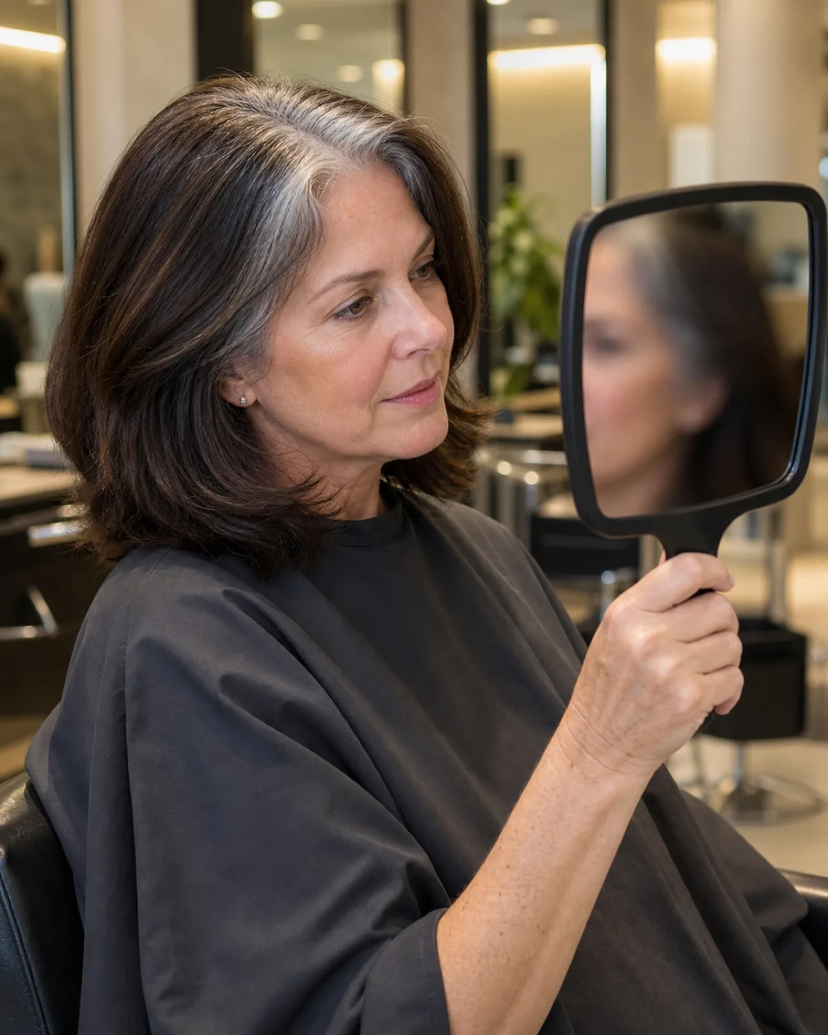 Woman over 50 in salon chair holding a hand mirror to examine her gray root band, three-quarter view, charcoal salon cape, salon background