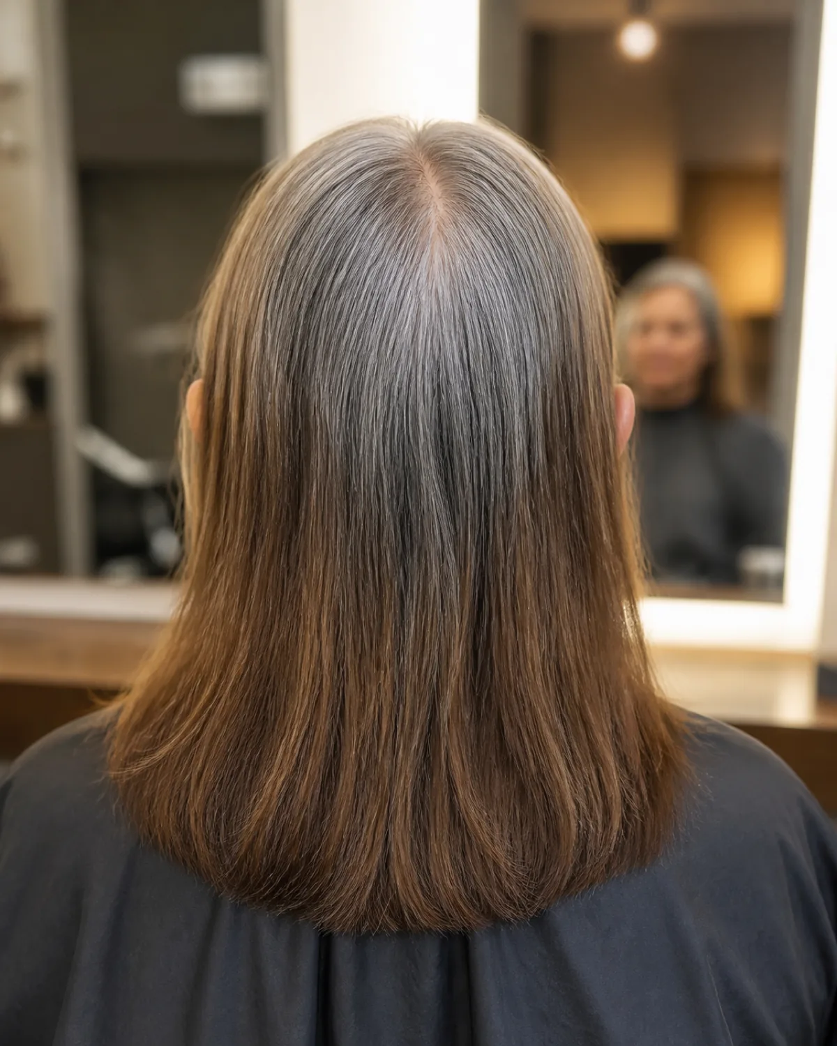 Back view of a woman in a salon with silver-gray roots growing into medium-brown dyed lengths, root-to-dye transition visible from behind