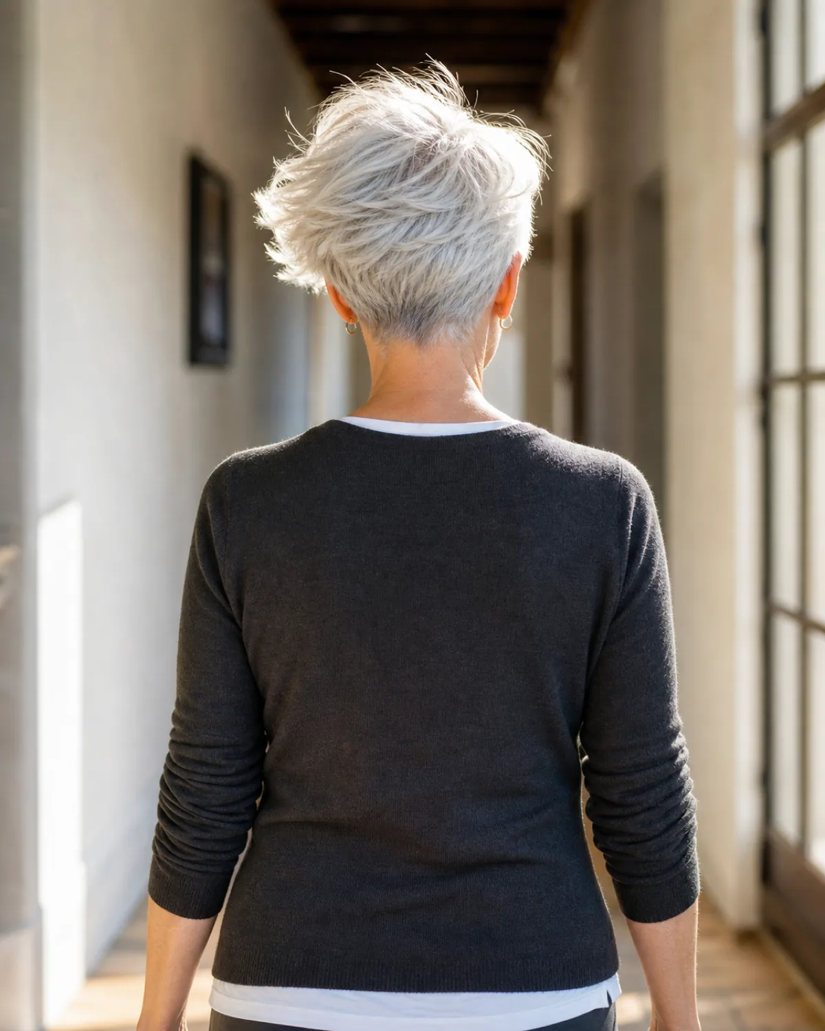 Woman over 50 with bright silver short crop walking away down a sunlit corridor, back view, charcoal cardigan