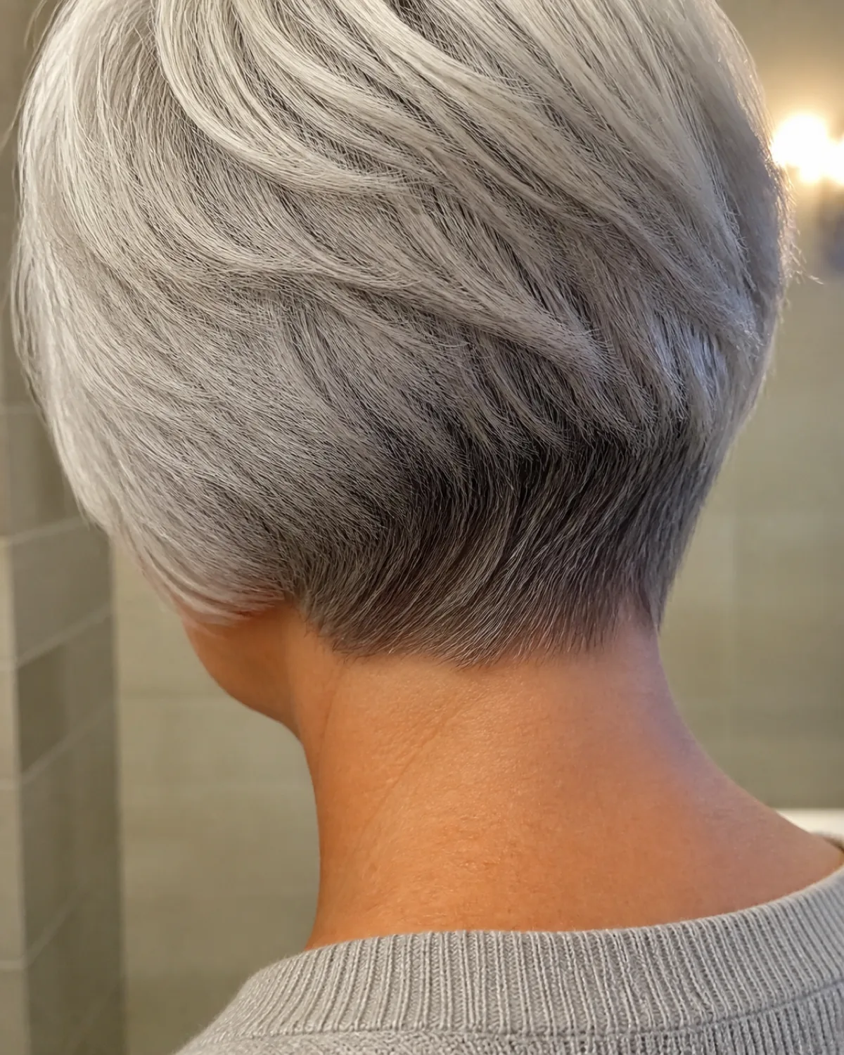 Close crop of the nape and hairline of a woman with luminous silver-white hair in a short layered cut, cleanly tapered, no face visible