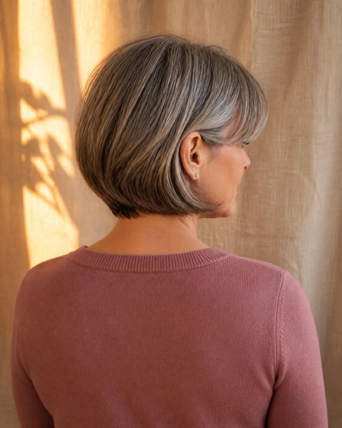 A woman in her late 50s seen from behind showing a soft A-line silver bob, shorter at the nape and longer toward the jaw, dusty-rose top against a warm beige background