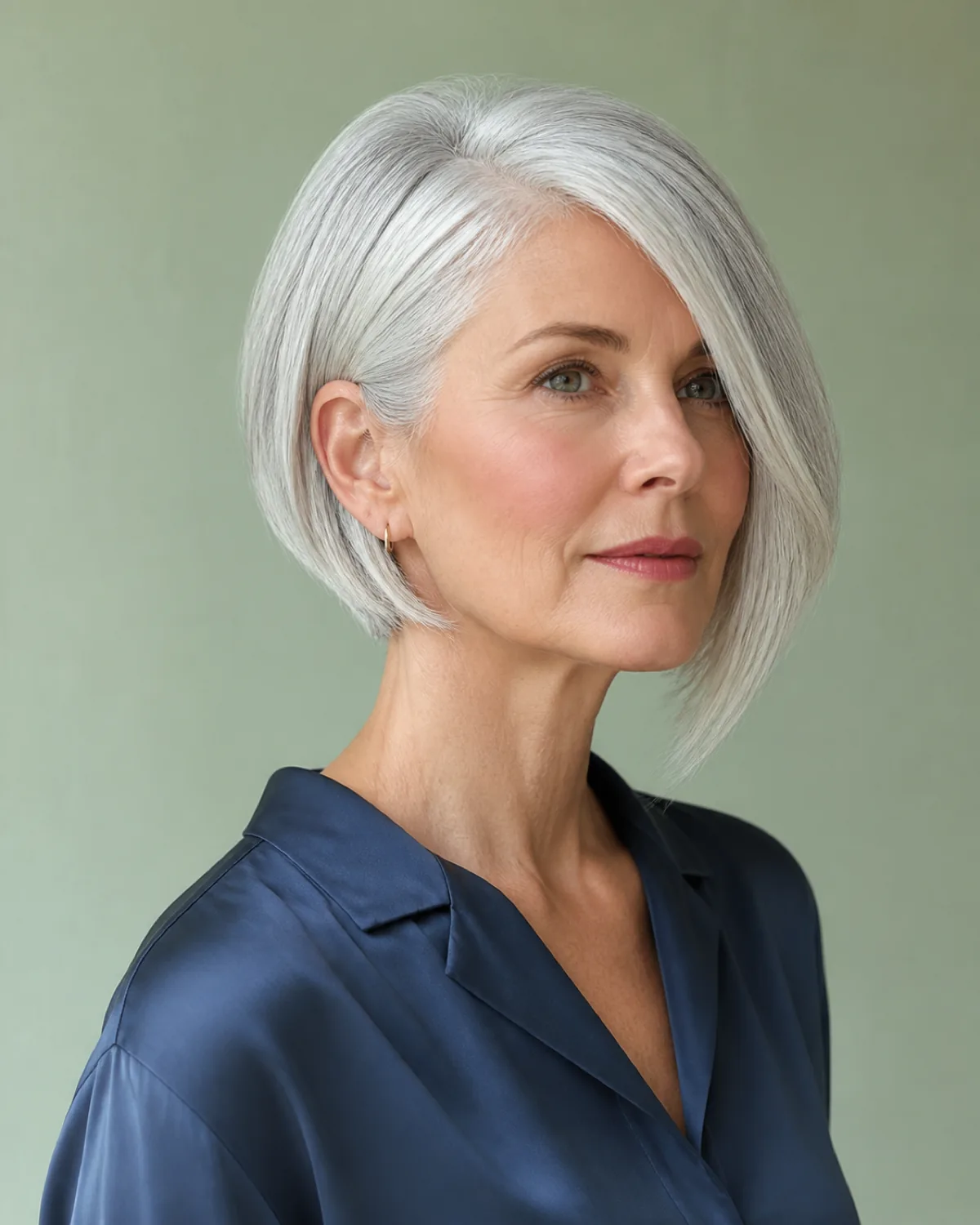 A woman in her late 50s with a silver angled bob and long side bangs sweeping past the cheekbone, three-quarter turn to camera left, navy blue silk blouse against a sage-green wall