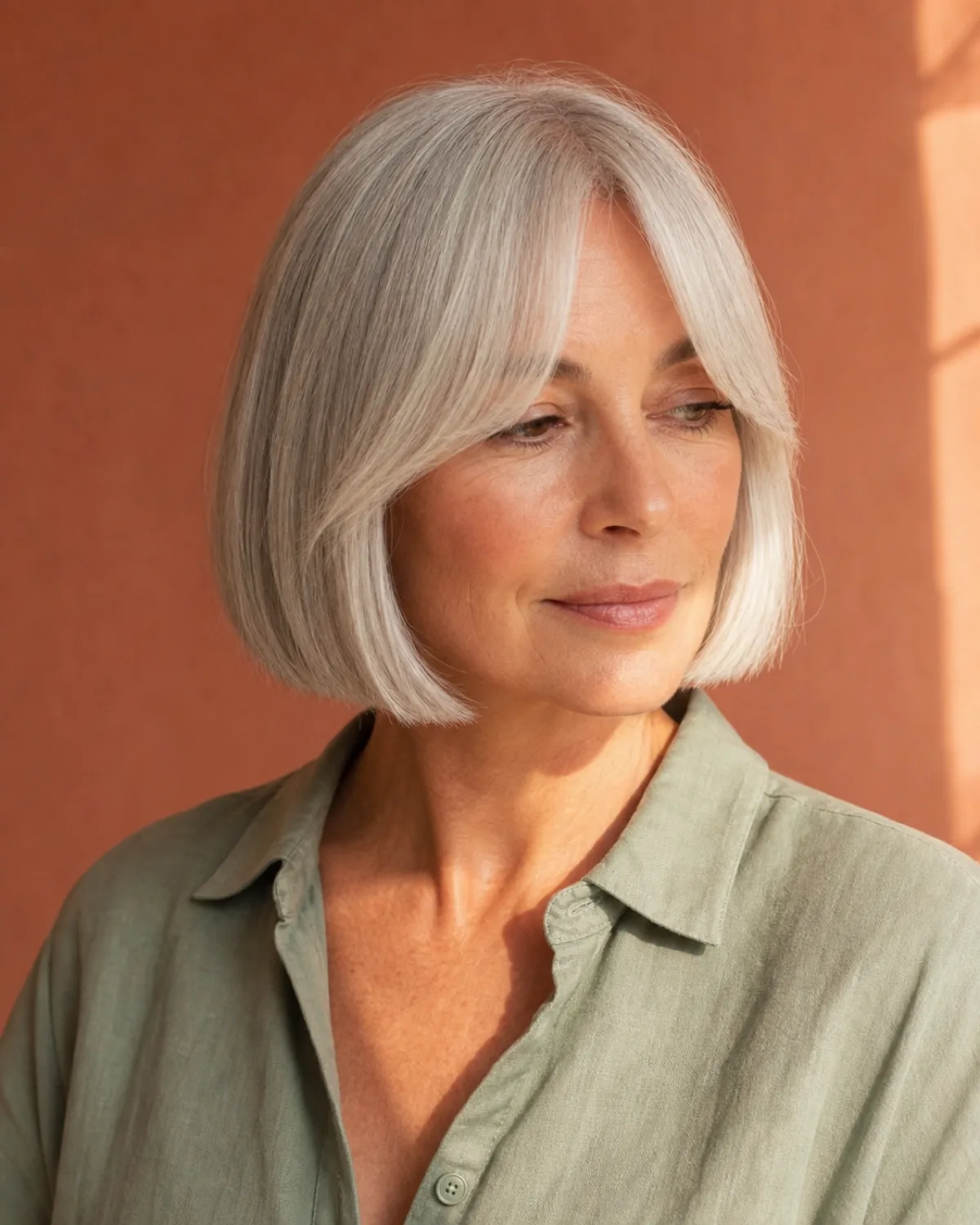 A woman in her late 50s with a silver chin-length blunt bob and curtain bangs swept to each side, three-quarter turn to camera right, sage-green shirt against a warm terracotta wall