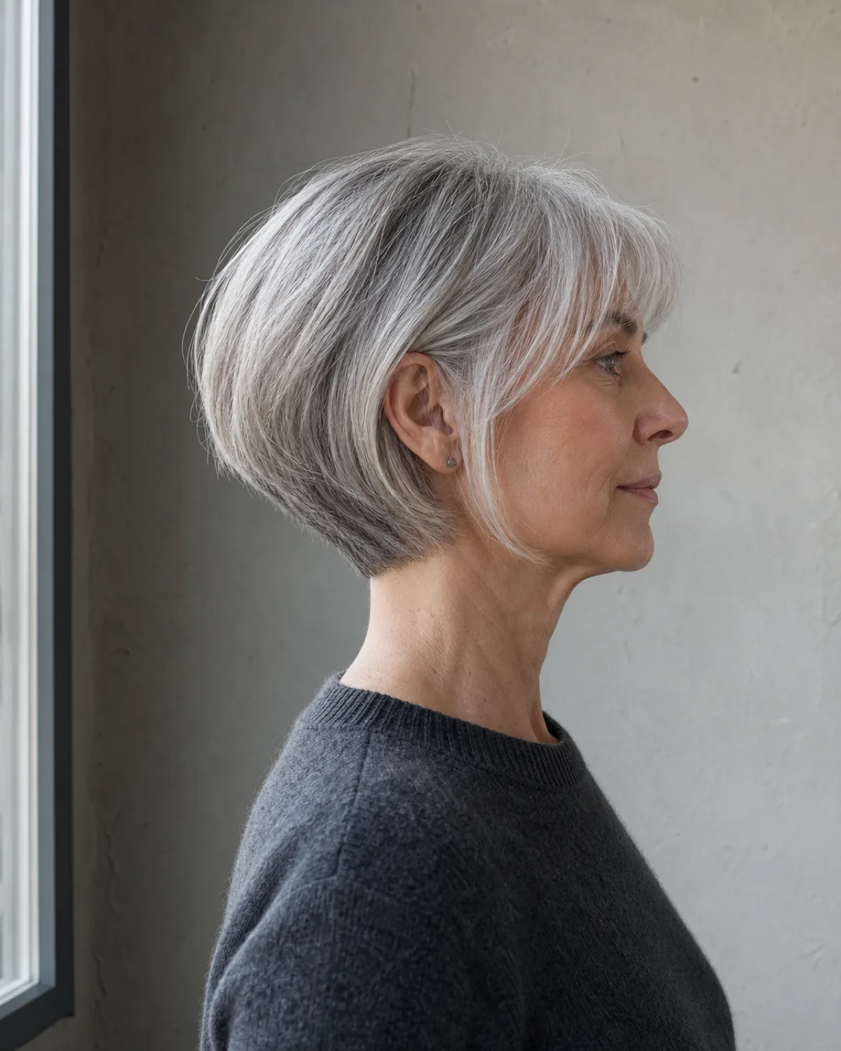 A woman in her late 50s in full side profile showing a graduated silver bob with stacked nape layers and wispy fringe at the temple, charcoal crewneck against a cool grey wall