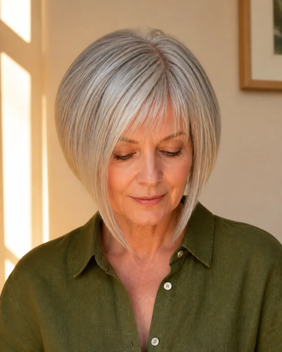 A woman in her early 60s front-facing with eyes downcast showing an inverted silver bob with shorter stacked nape and longer front pieces, tapered fringe thinning at the temples, olive linen shirt in golden hour light