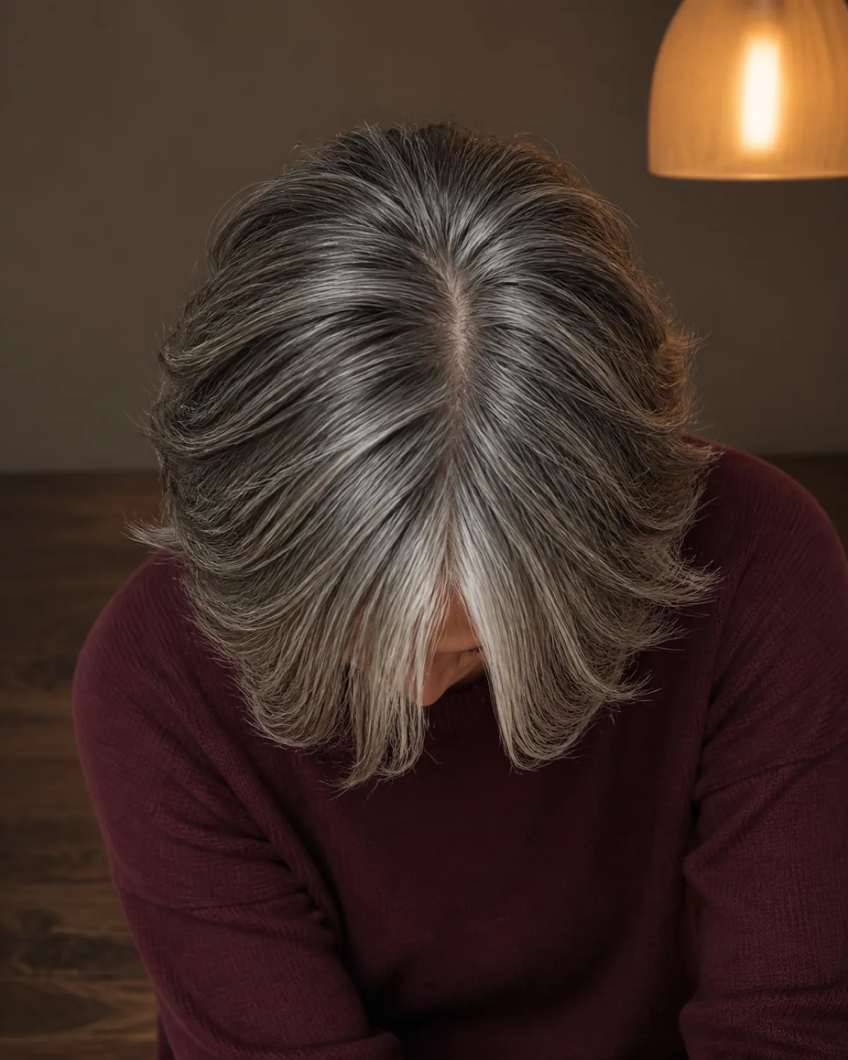 A woman in her early 60s with head tilted forward showing the crown of a layered silver-and-pepper bob with piece-y curtain fringe separating into individual strands, burgundy knit top under warm pendant light