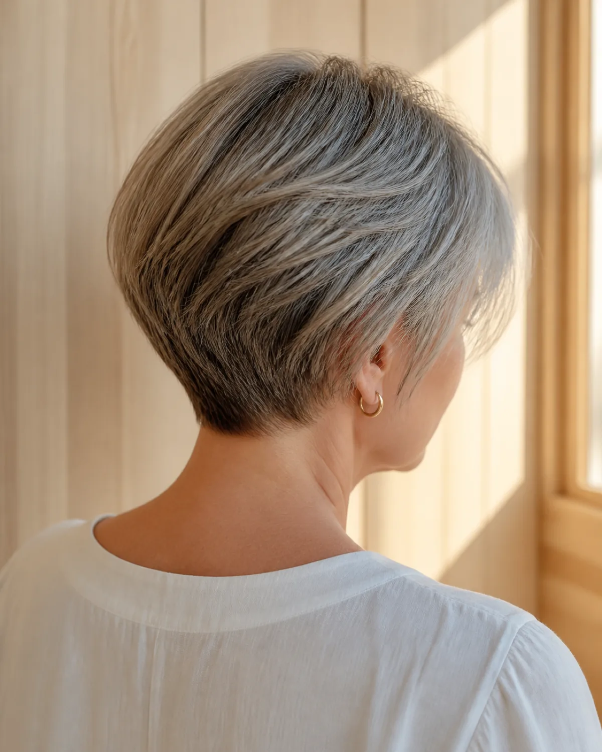 A woman in her late 50s seen from back-three-quarter angle showing a stacked silver bob with graduated nape layers building occipital volume, ivory blouse against a pale wood background