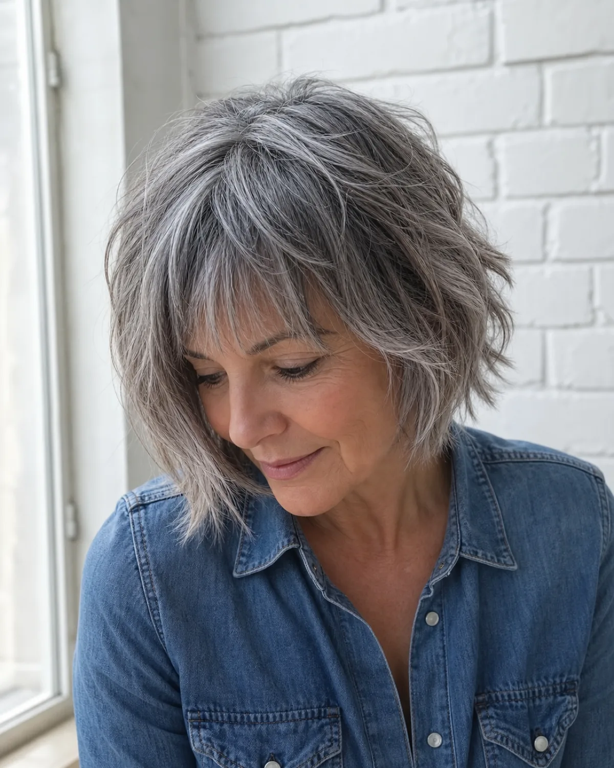 A woman in her early 60s seated, seen from slightly above, with a textured silver shaggy bob and choppy uneven bangs creating deliberate movement, denim shirt against a white brick wall