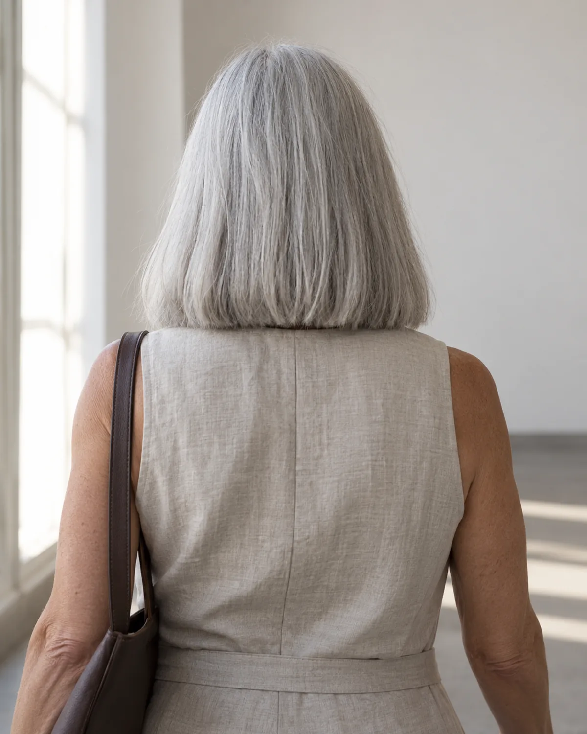 Back view of mature woman over 60 walking, silver-gray hair in blunt one-length shoulder cut showing decisive hemline