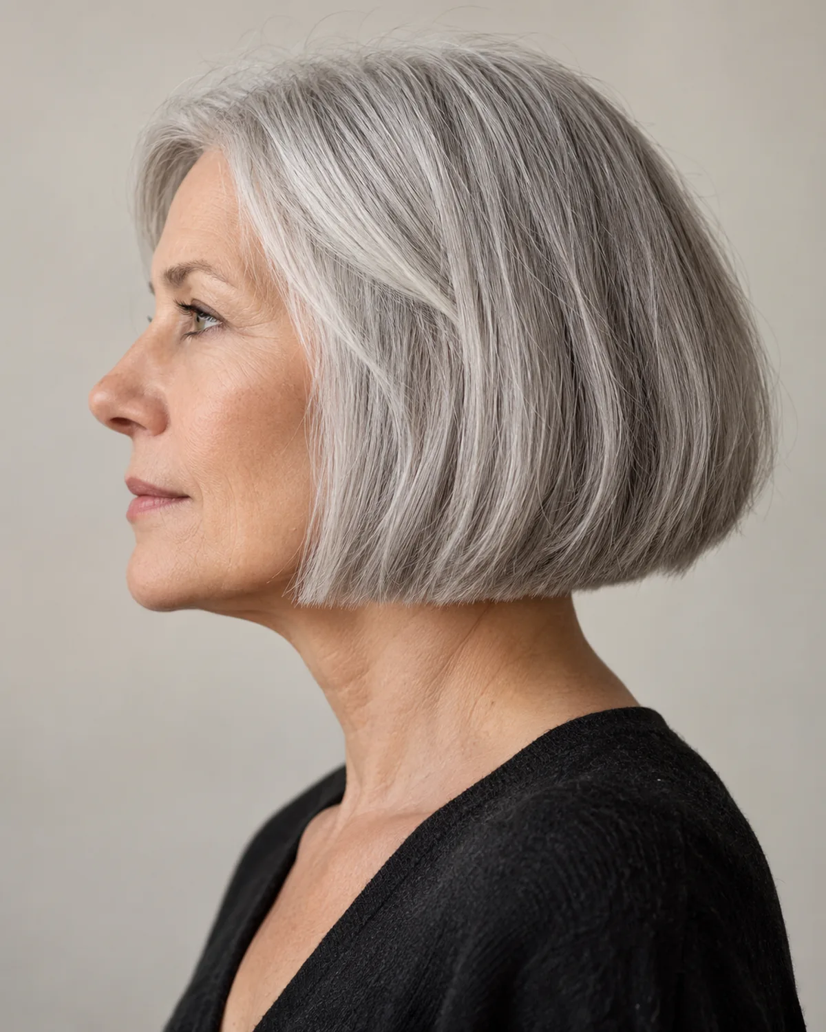 Full profile of mature woman over 60 with silver-gray chin-length blunt bob, clean line visible at jawline