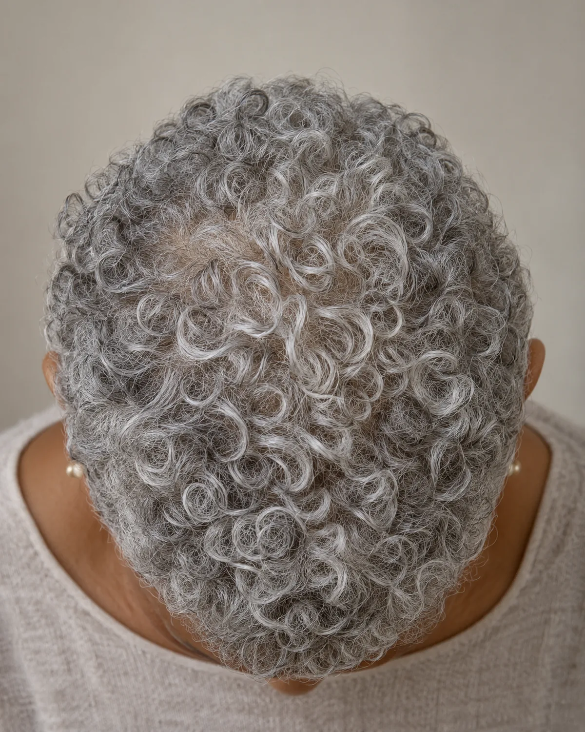 Overhead view of mature woman over 60 with short cropped silver-gray curly hair, individual ringlets visible across the crown