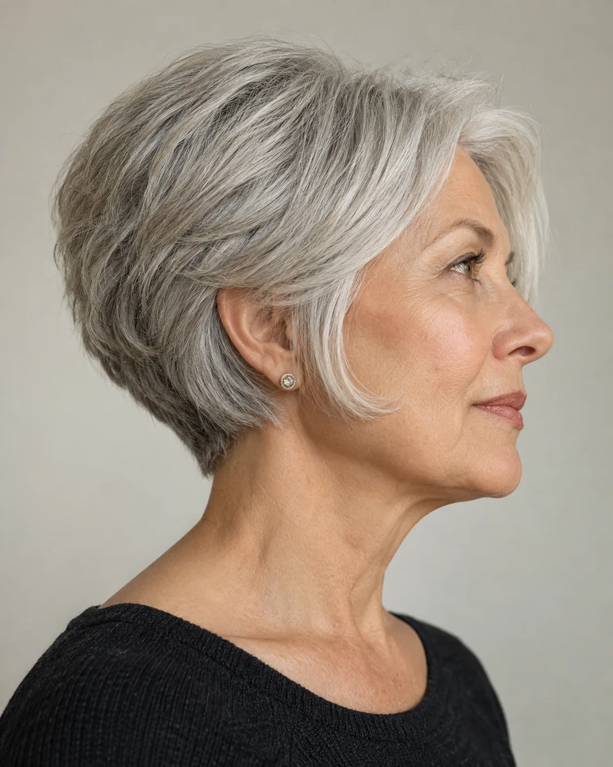 Profile of mature woman over 60 with silver-gray ear-length wedge cut, graduated back shorter to longer front, earlobe visible