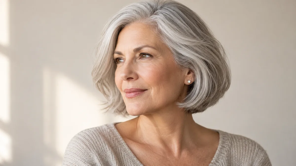 Three-quarter profile of mature woman over 60 with silver-gray chin-length bob, hair in sharp focus against cream studio backdrop