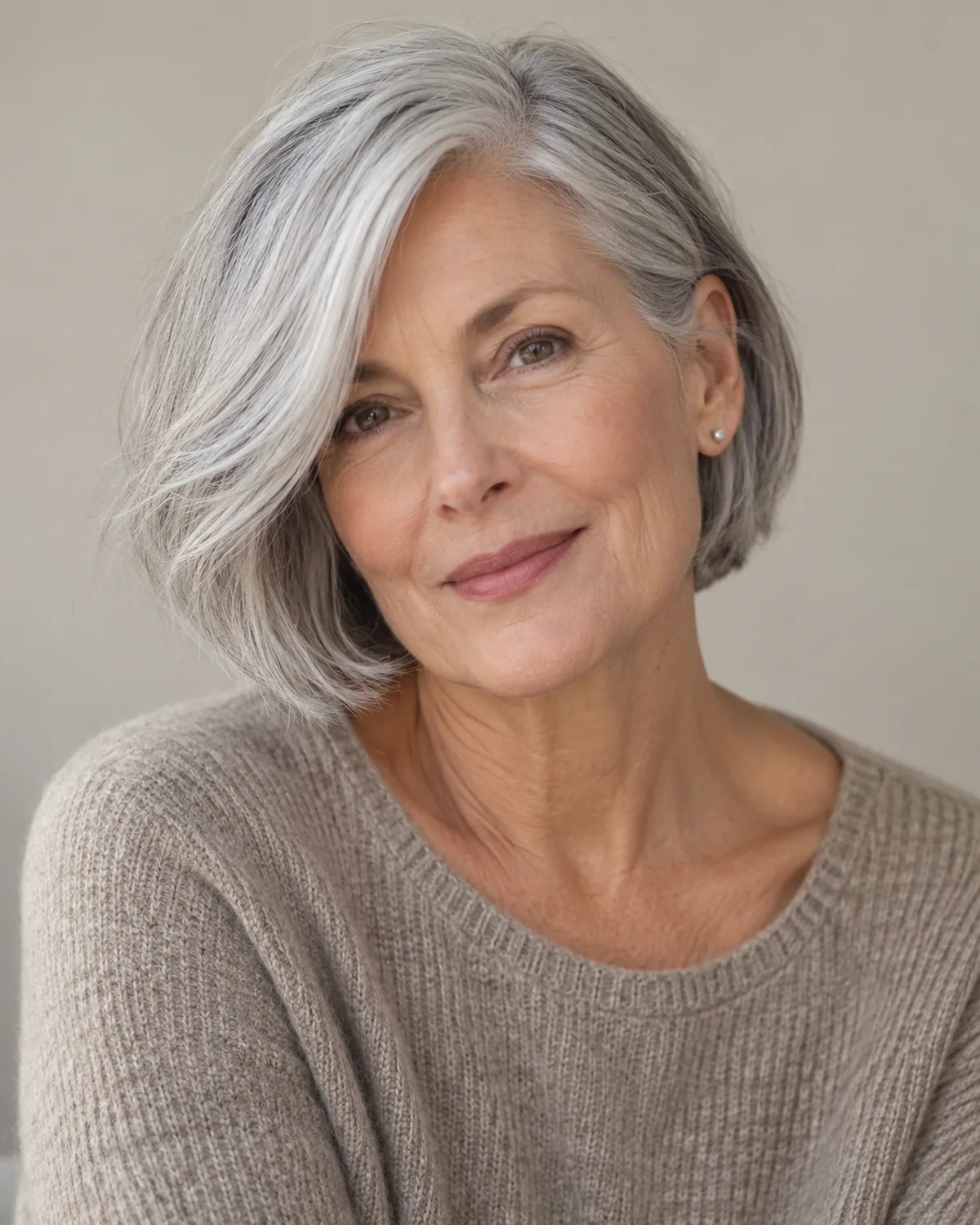 Mature woman over 60 with side-swept silver-gray jaw-length bob and deep side part, hair sweeping across forehead
