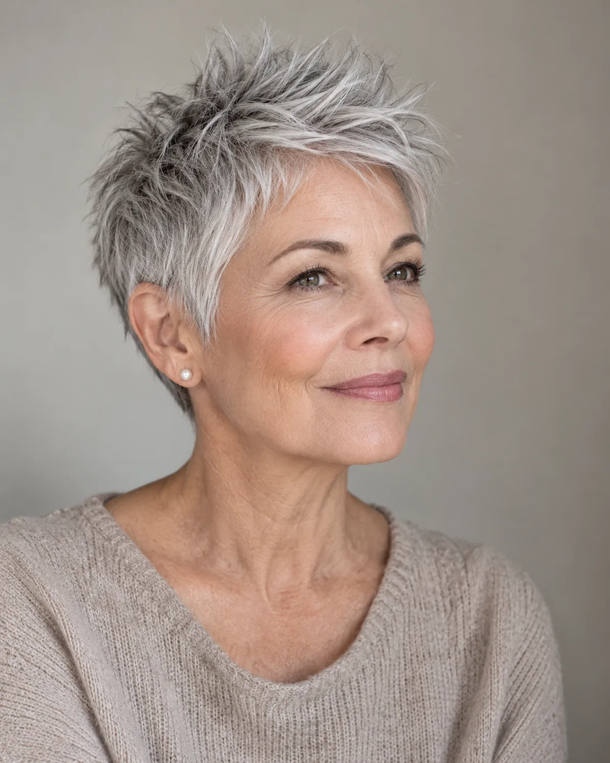 Three-quarter profile of mature woman over 60 with textured silver pixie cut, point-cut top standing up naturally