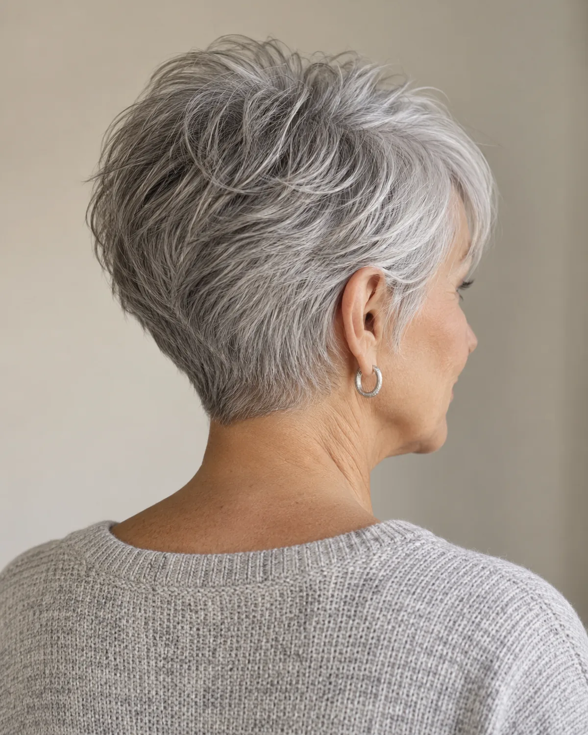 Back view of mature woman over 60 with tapered nape crop in silver-gray hair, showing tight nape and voluminous crown
