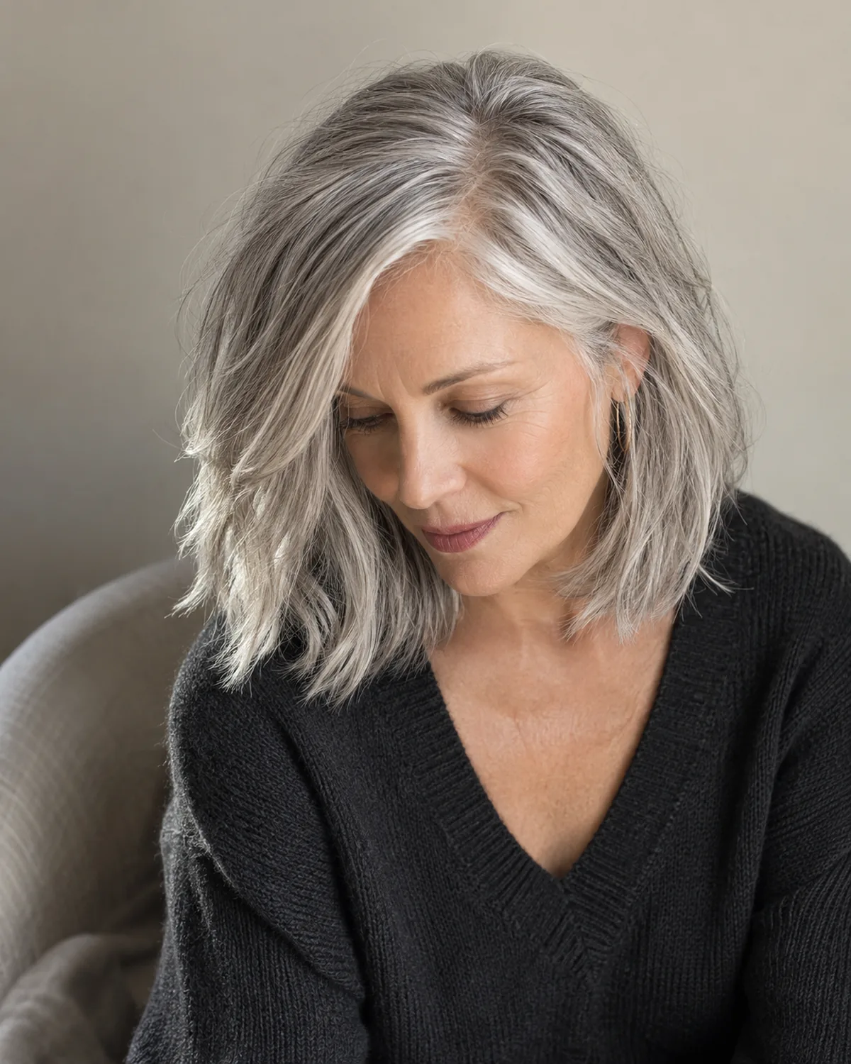 Mature woman over 60 seated looking down, silver-gray textured lob at collarbone length with ends catching light at multiple angles