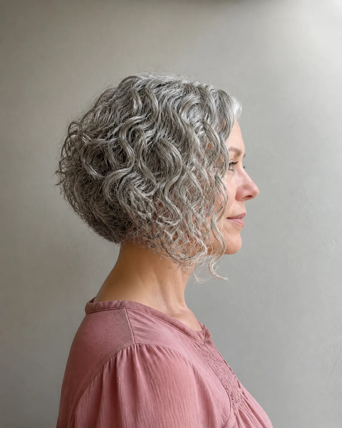 Full side profile of a silver-grey curly A-line bob, back cut shorter and front panels falling longer past the jaw, dusty-pink blouse against a plain grey wall