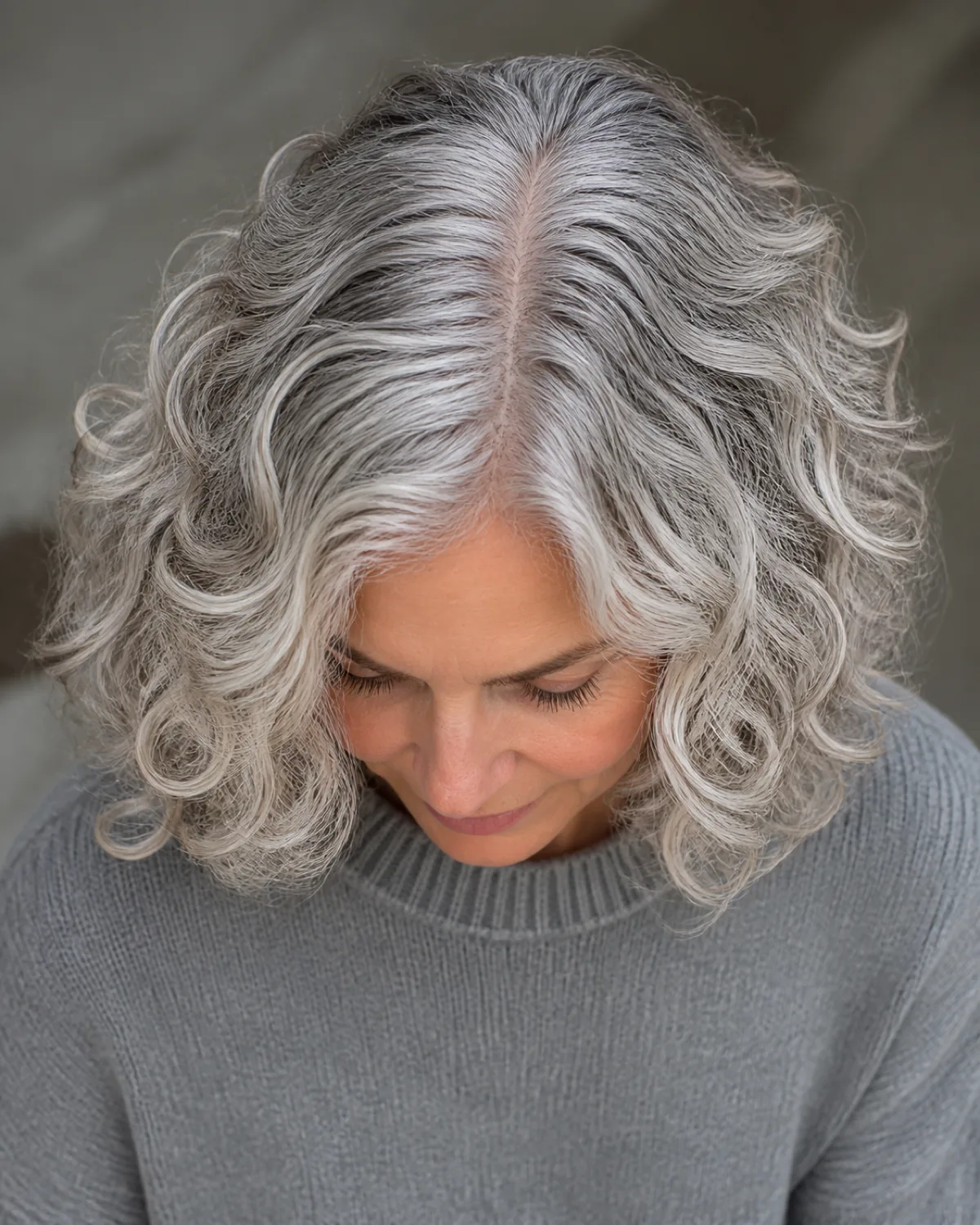 Top-down view of a collarbone-length silver-grey curly lob showing the centre part and root area, defined curls falling away from the part on both sides, grey sweater