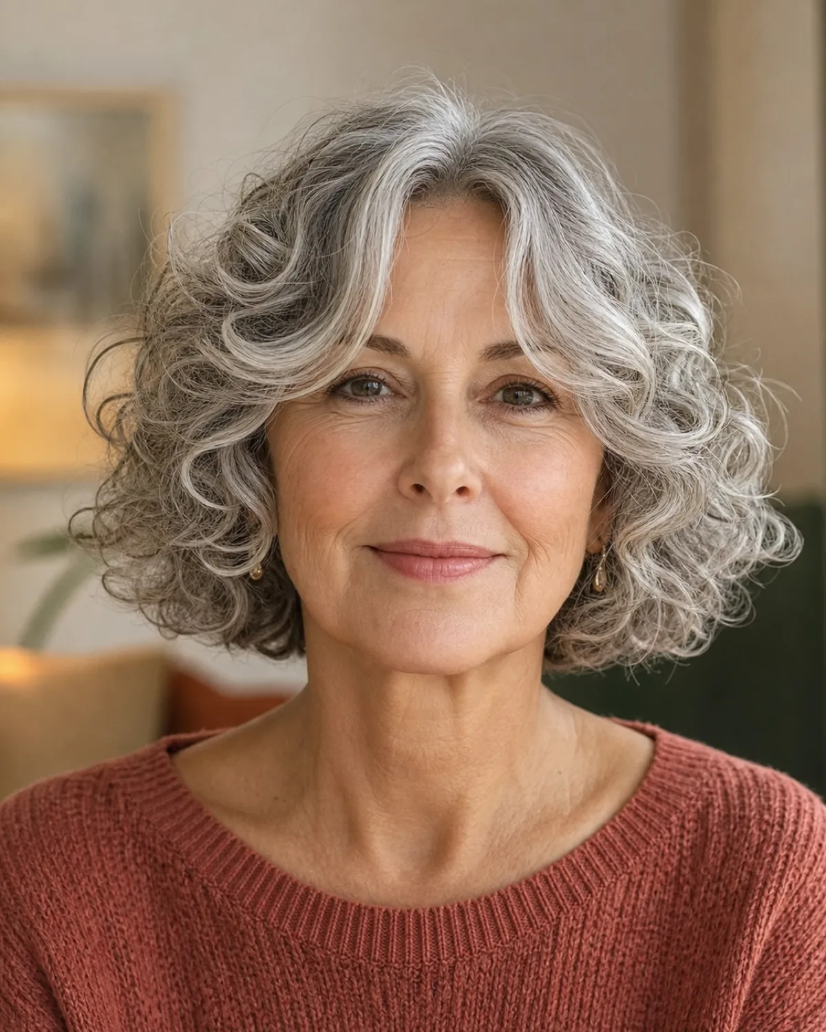 A woman in her late 50s with a silver-grey curly bob and curtain bangs parting at the centre and sweeping toward the cheekbones, rust-coloured sweater, facing the camera in warm light