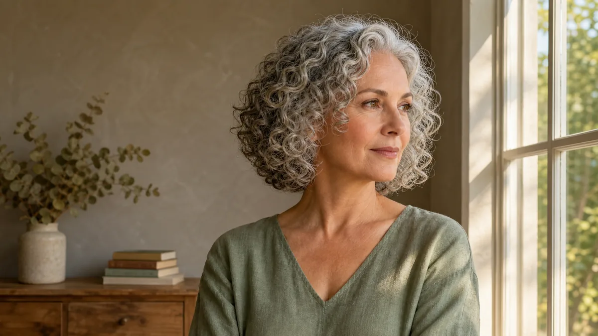 A woman in her late 50s with a chin-length silver-grey curly bob, three-quarter turn beside a sunlit window in a sage-green linen top, taupe wall and dried eucalyptus behind her
