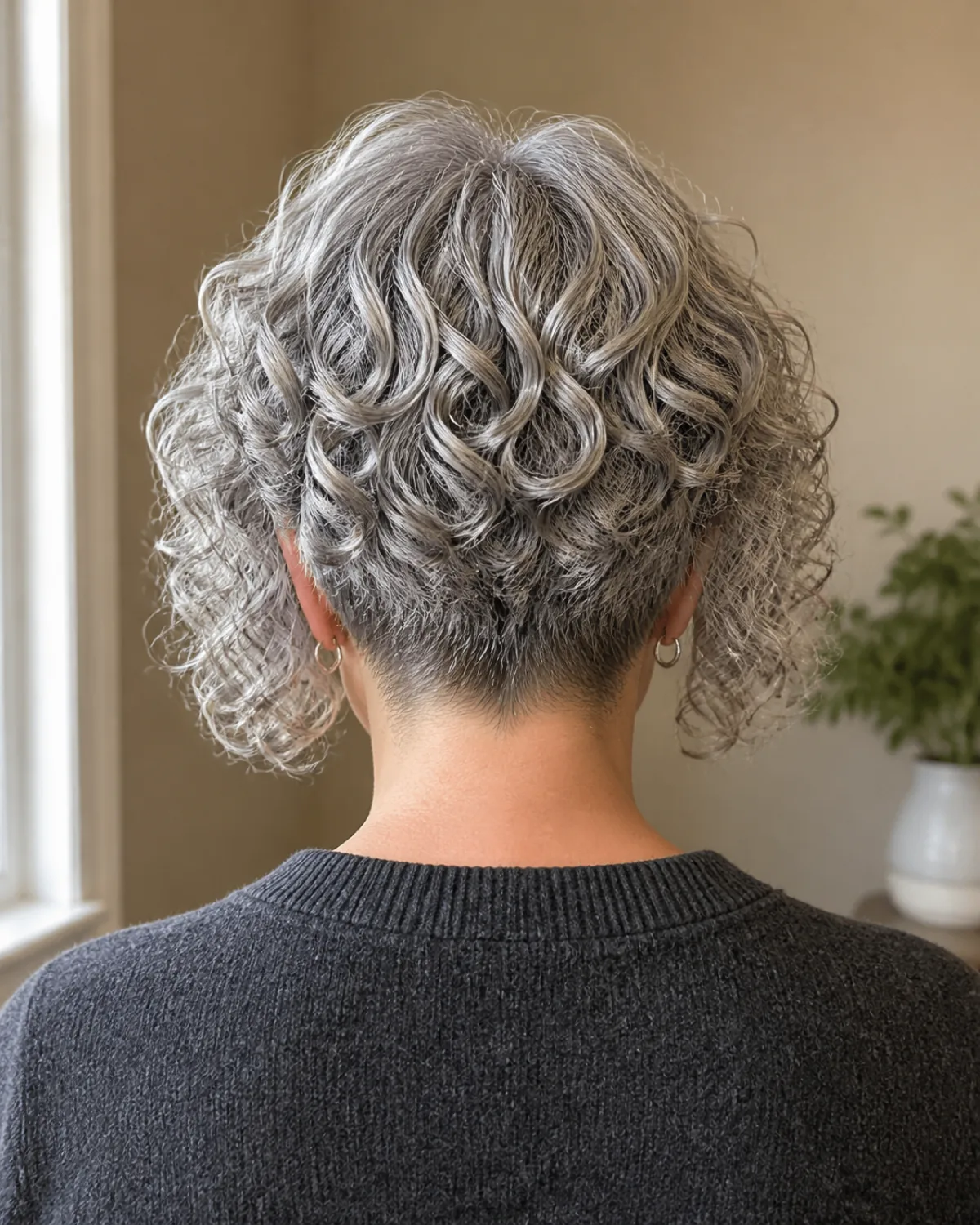 Rear view of a silver-grey graduated curly bob showing the nape cut short and close with curls lengthening toward the front, charcoal sweater and small hoop earrings