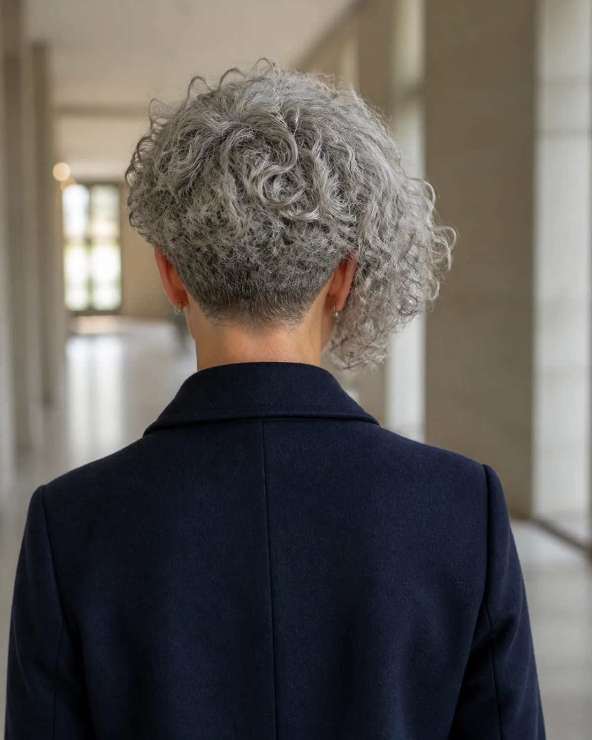 Back view of a silver-grey inverted curly bob in a bright corridor, nape cut close and short with the side curls falling visibly longer toward the front, navy coat